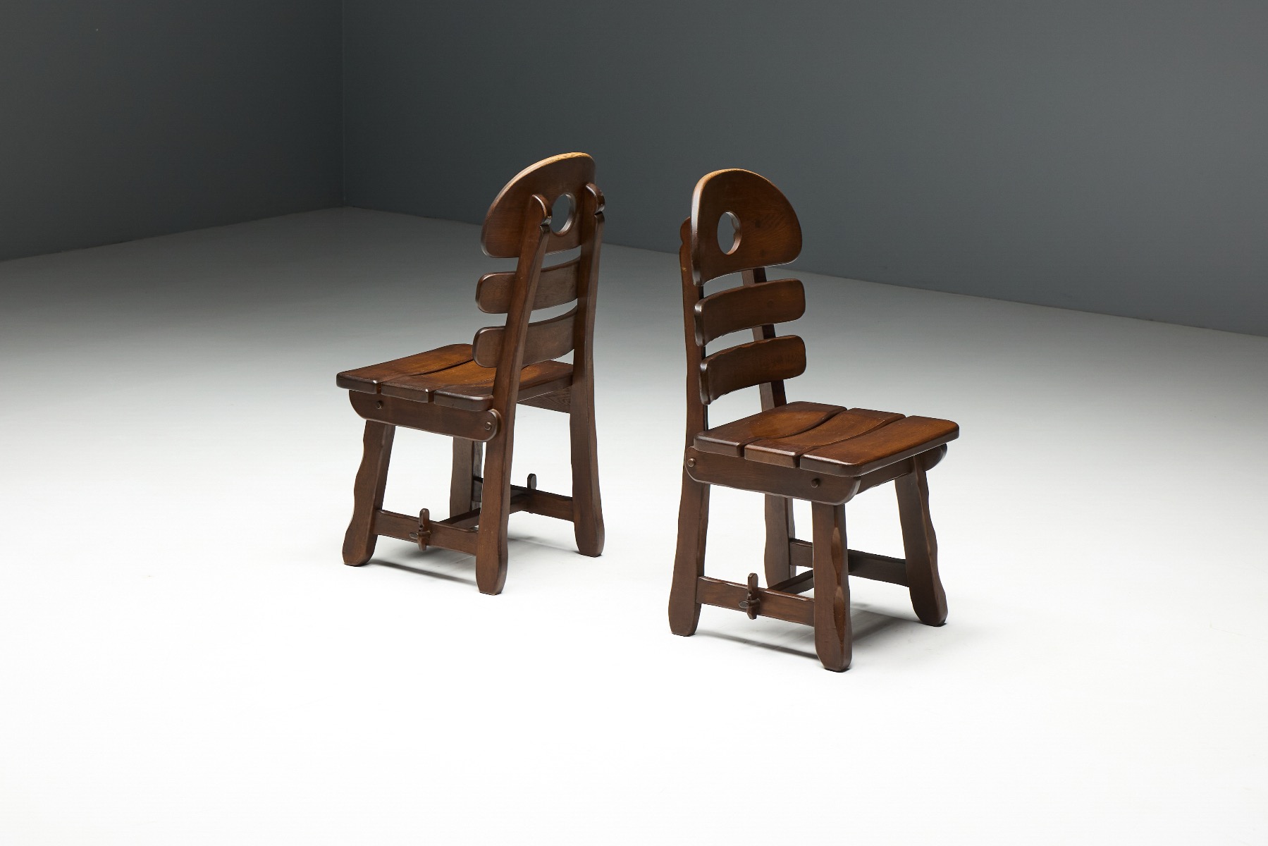 Brutalist Rustic Alpine Dining Chairs in Stained Oak - 1970s