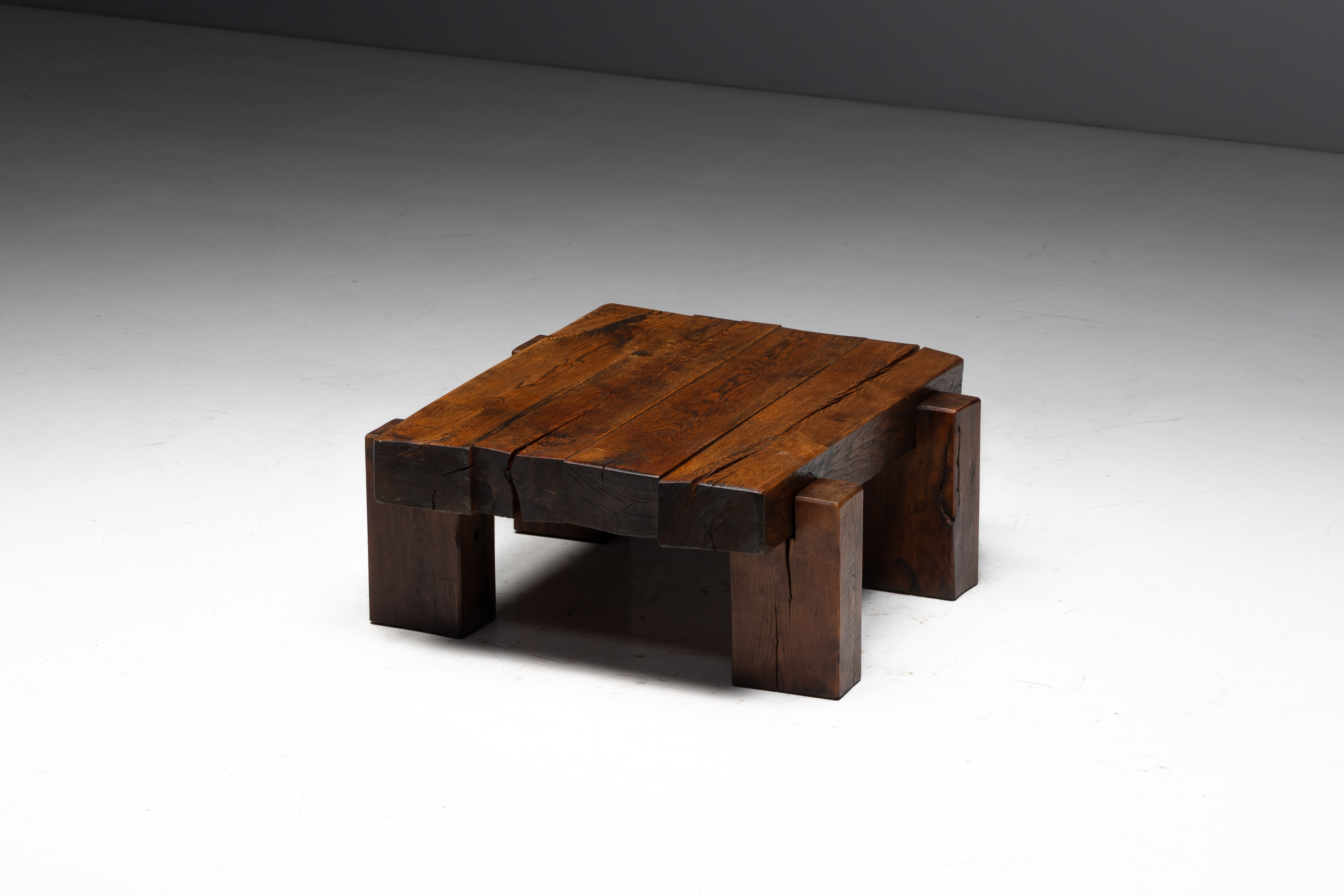Brutalist Solid Oak Coffee Table - Mid-20th Century