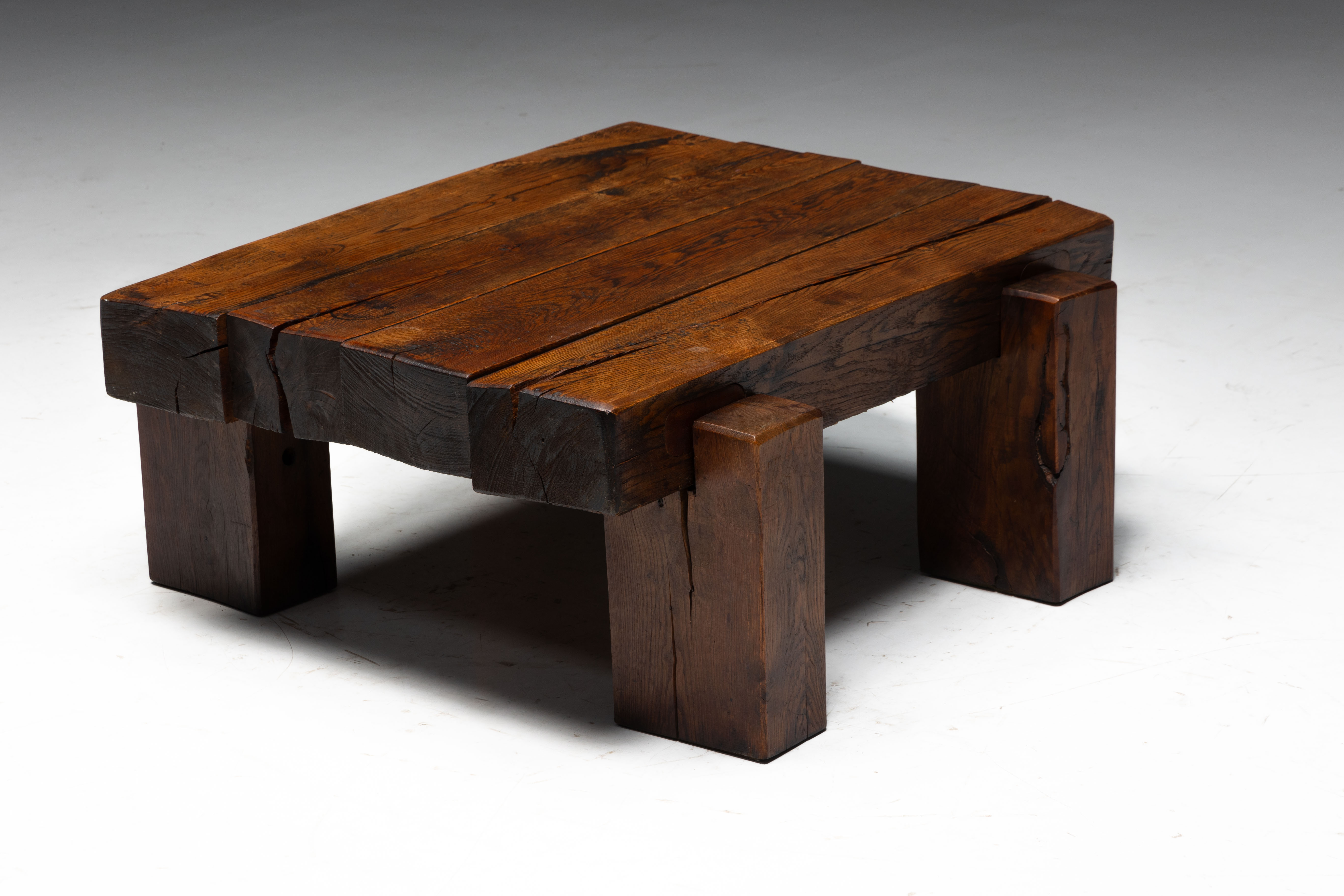 Brutalist Solid Oak Coffee Table - Mid-20th Century