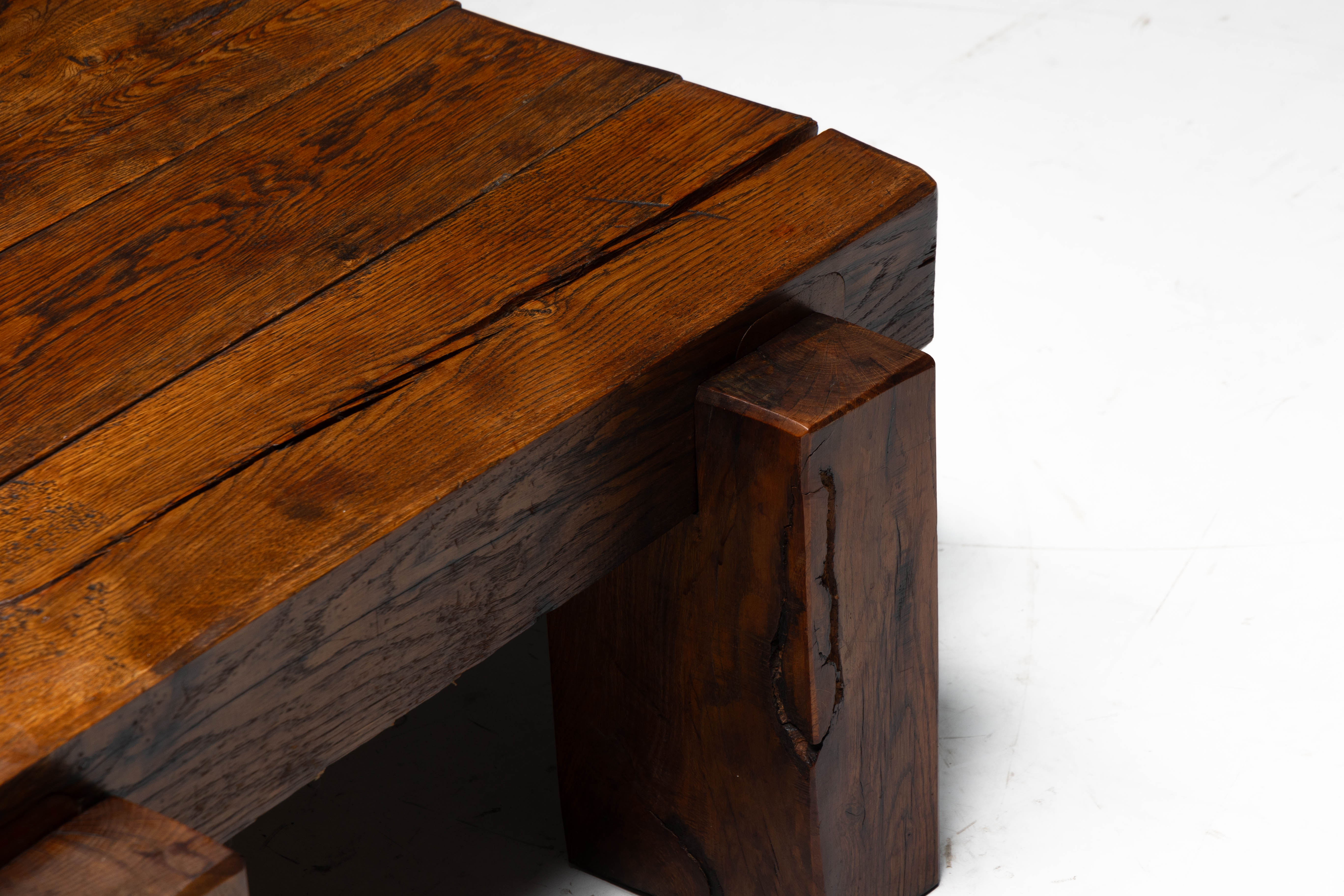 Brutalist Solid Oak Coffee Table - Mid-20th Century