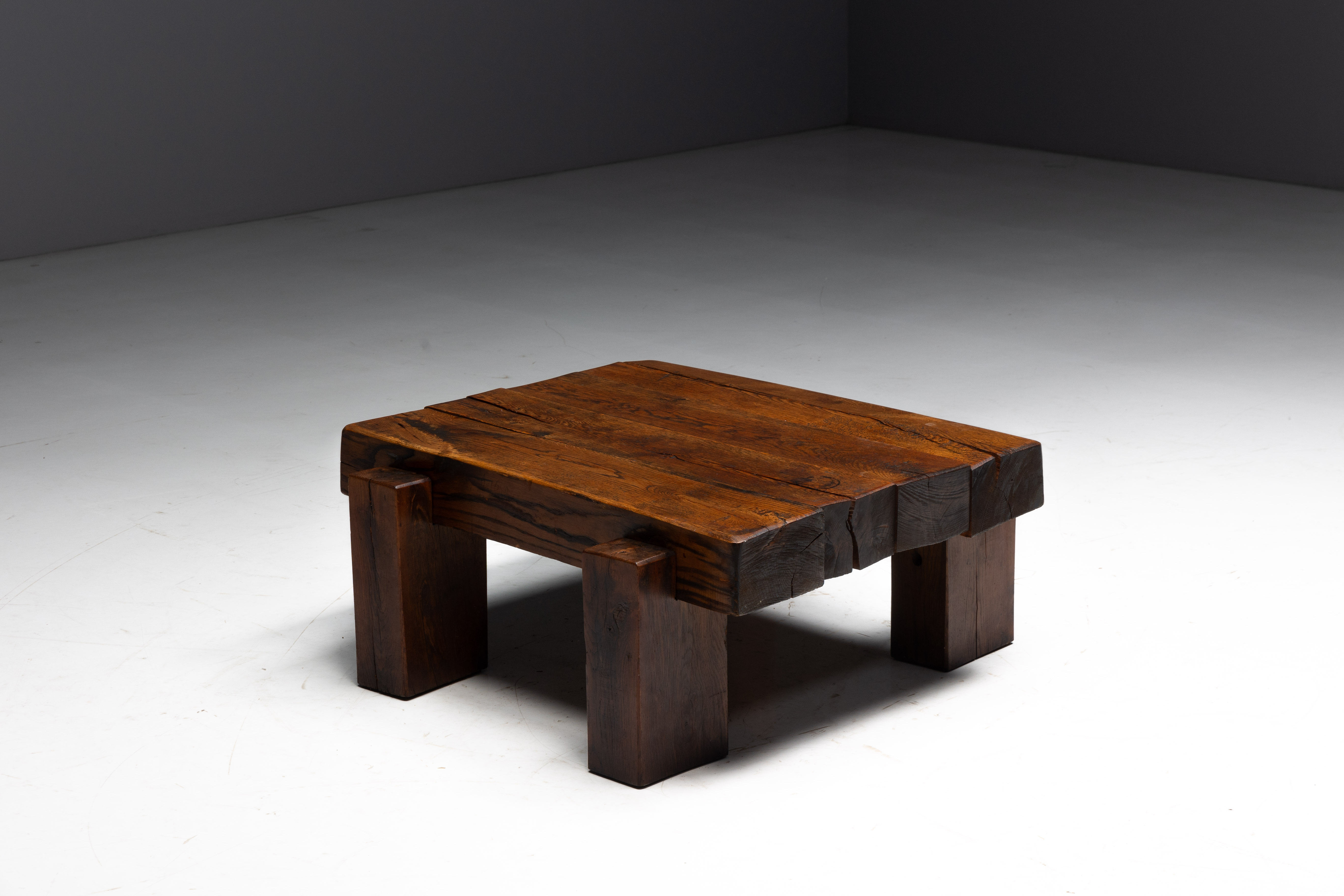 Brutalist Solid Oak Coffee Table - Mid-20th Century