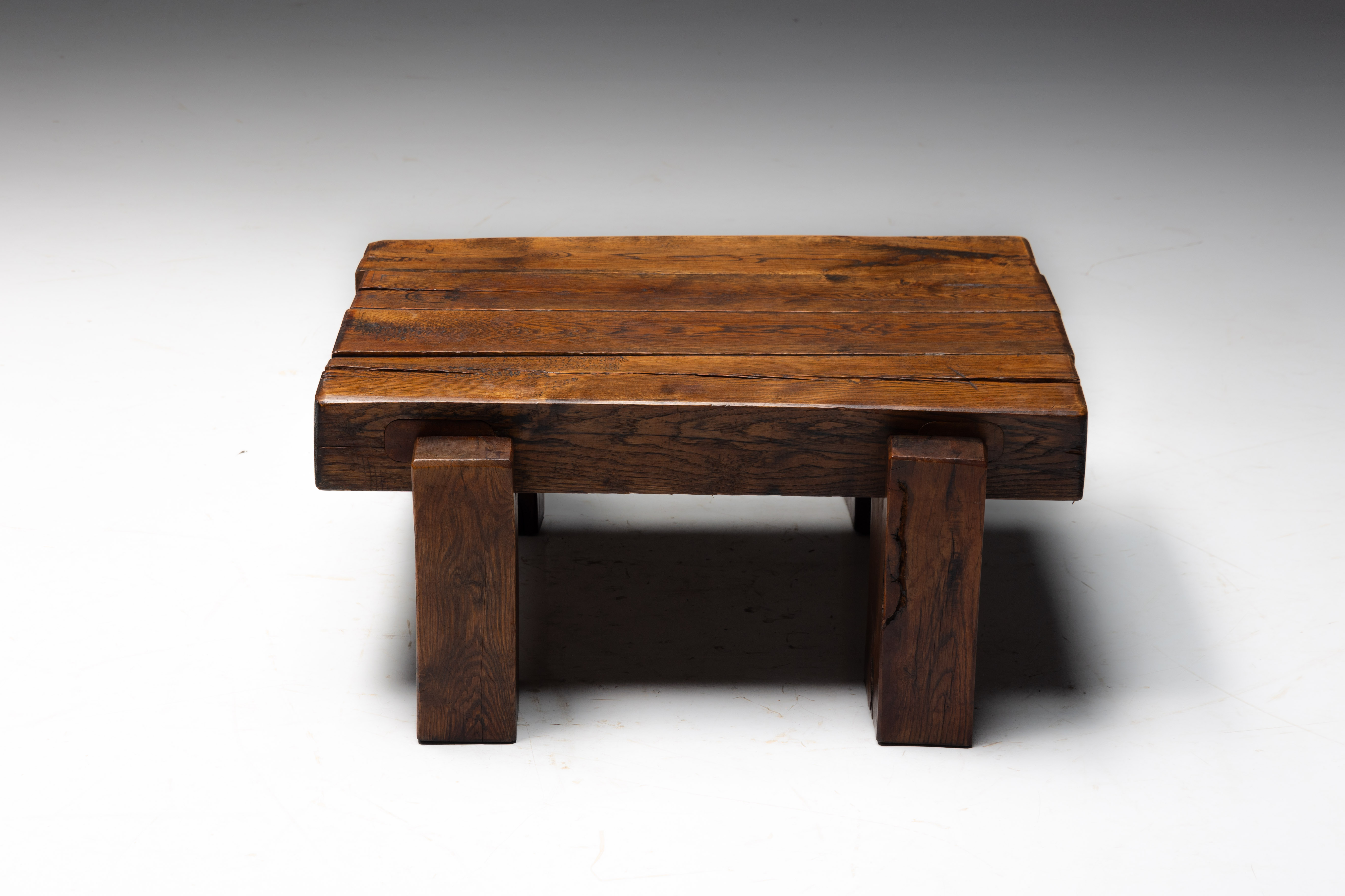Brutalist Solid Oak Coffee Table - Mid-20th Century