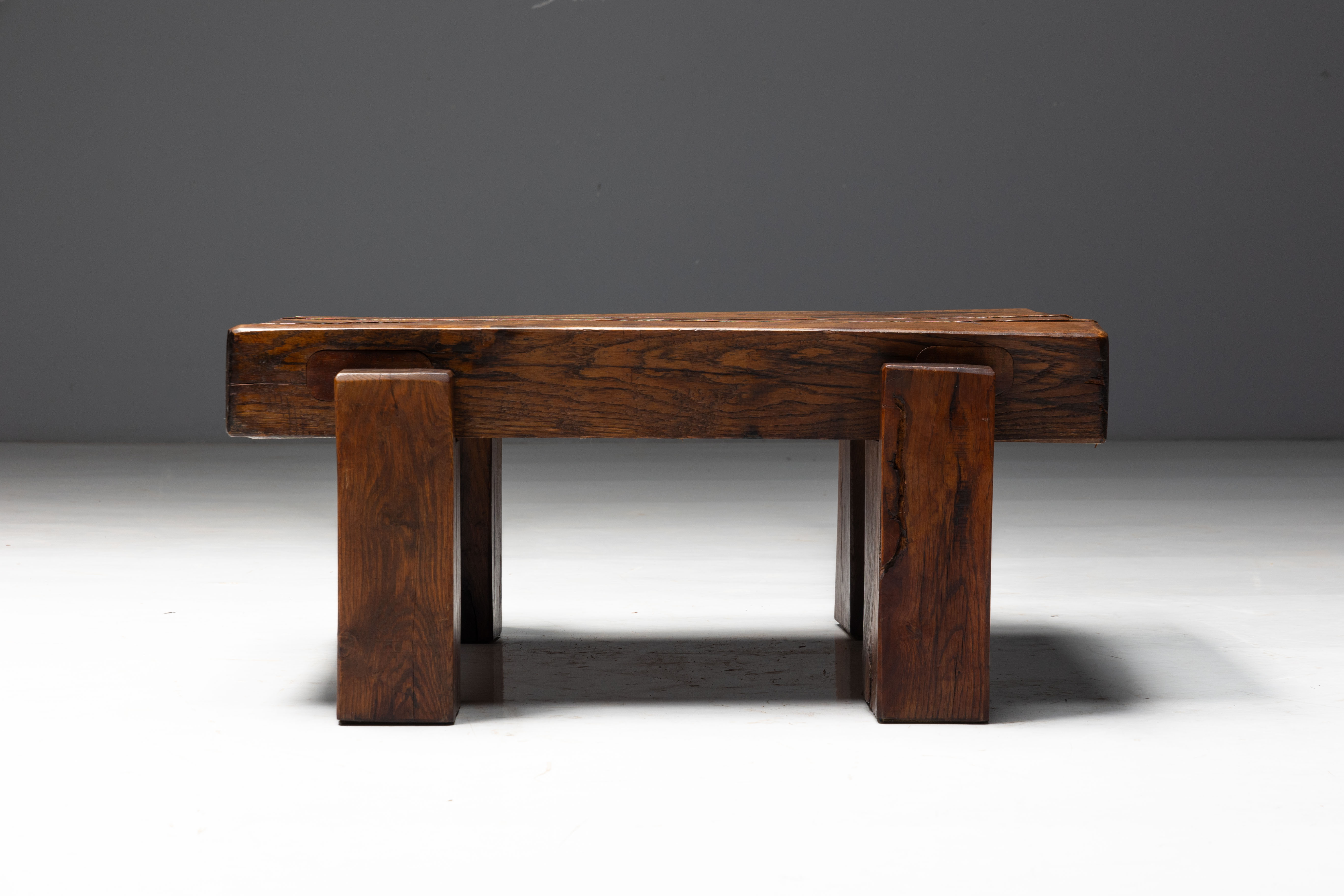 Brutalist Solid Oak Coffee Table - Mid-20th Century