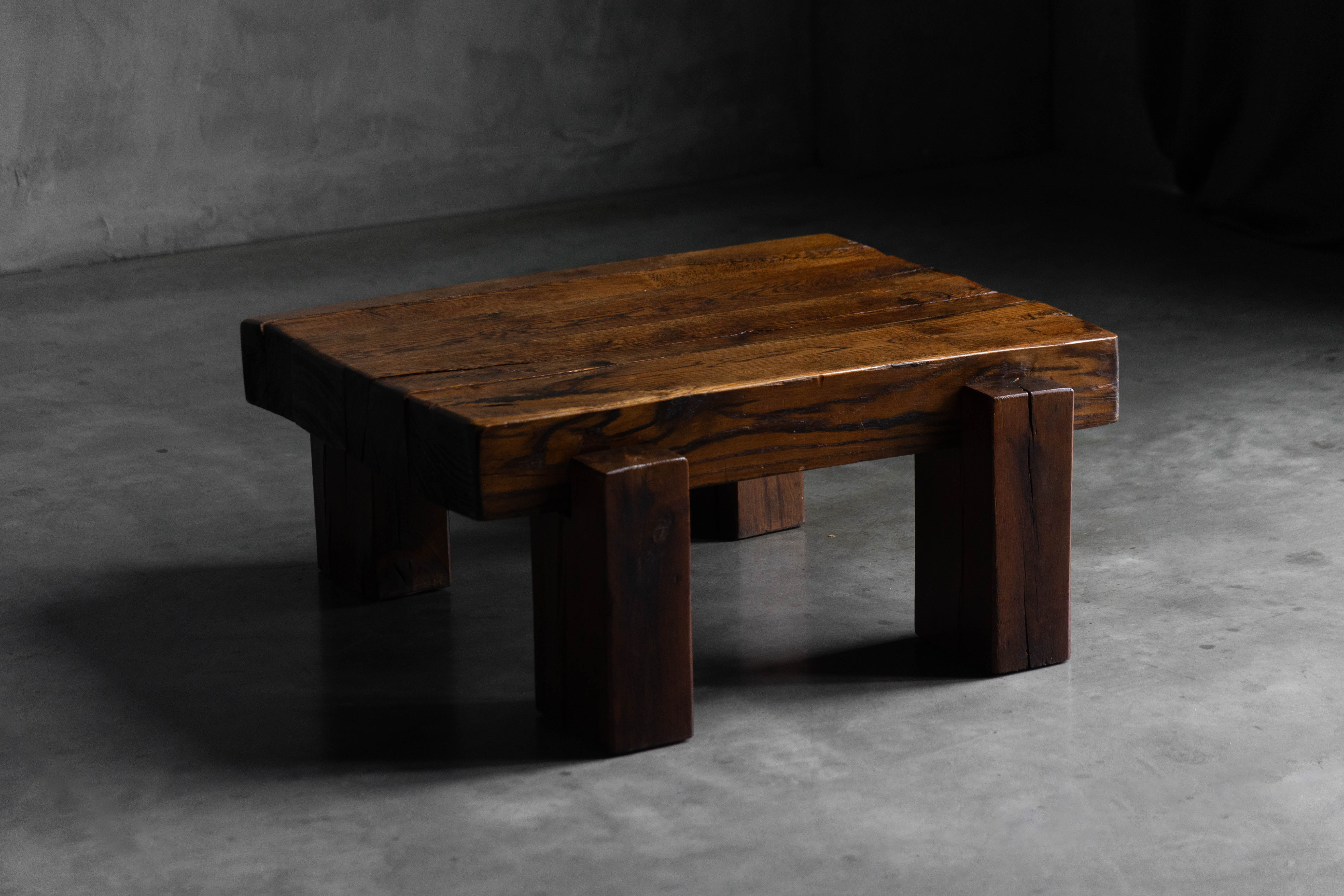 Brutalist Solid Oak Coffee Table - Mid-20th Century
