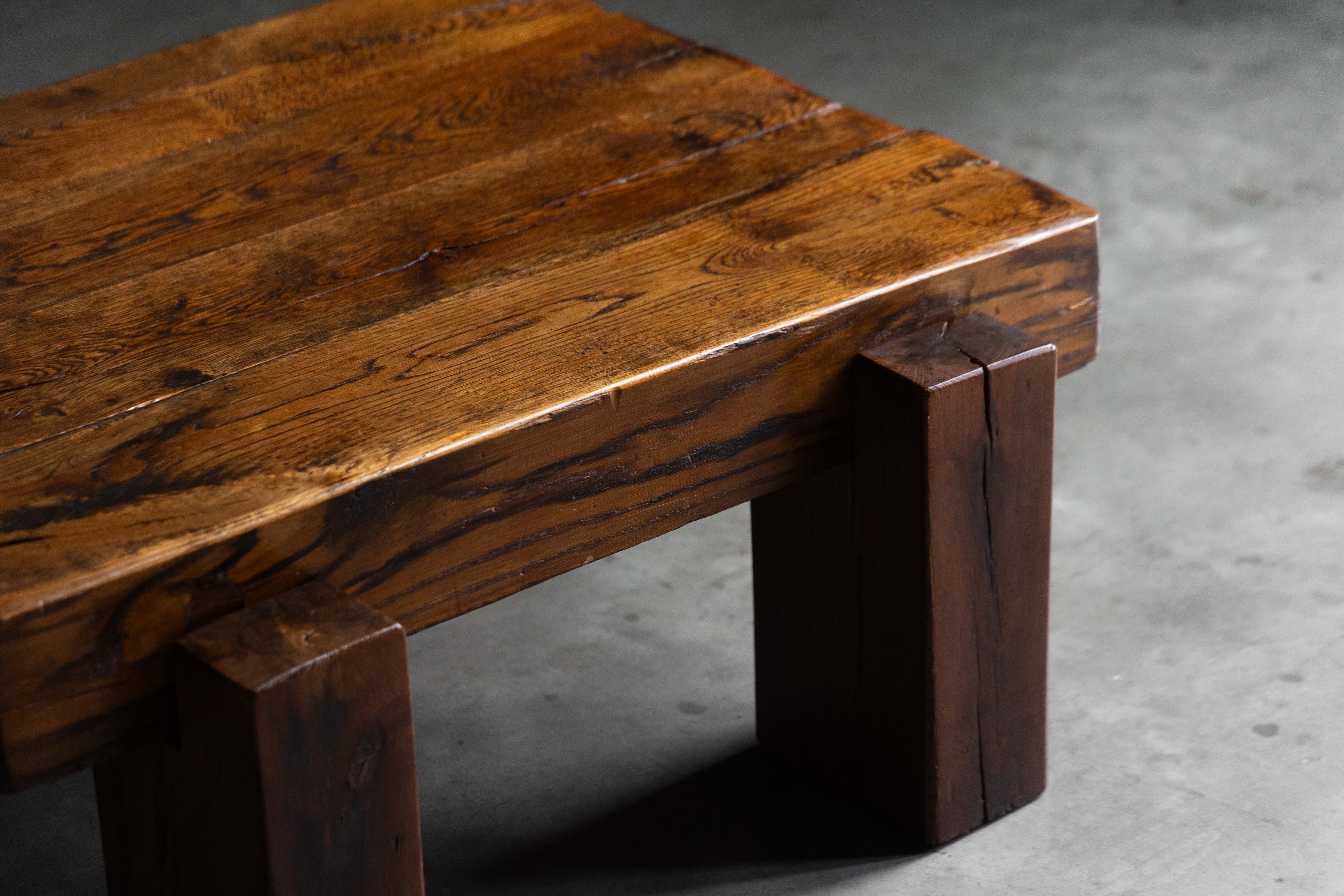 Brutalist Solid Oak Coffee Table - Mid-20th Century