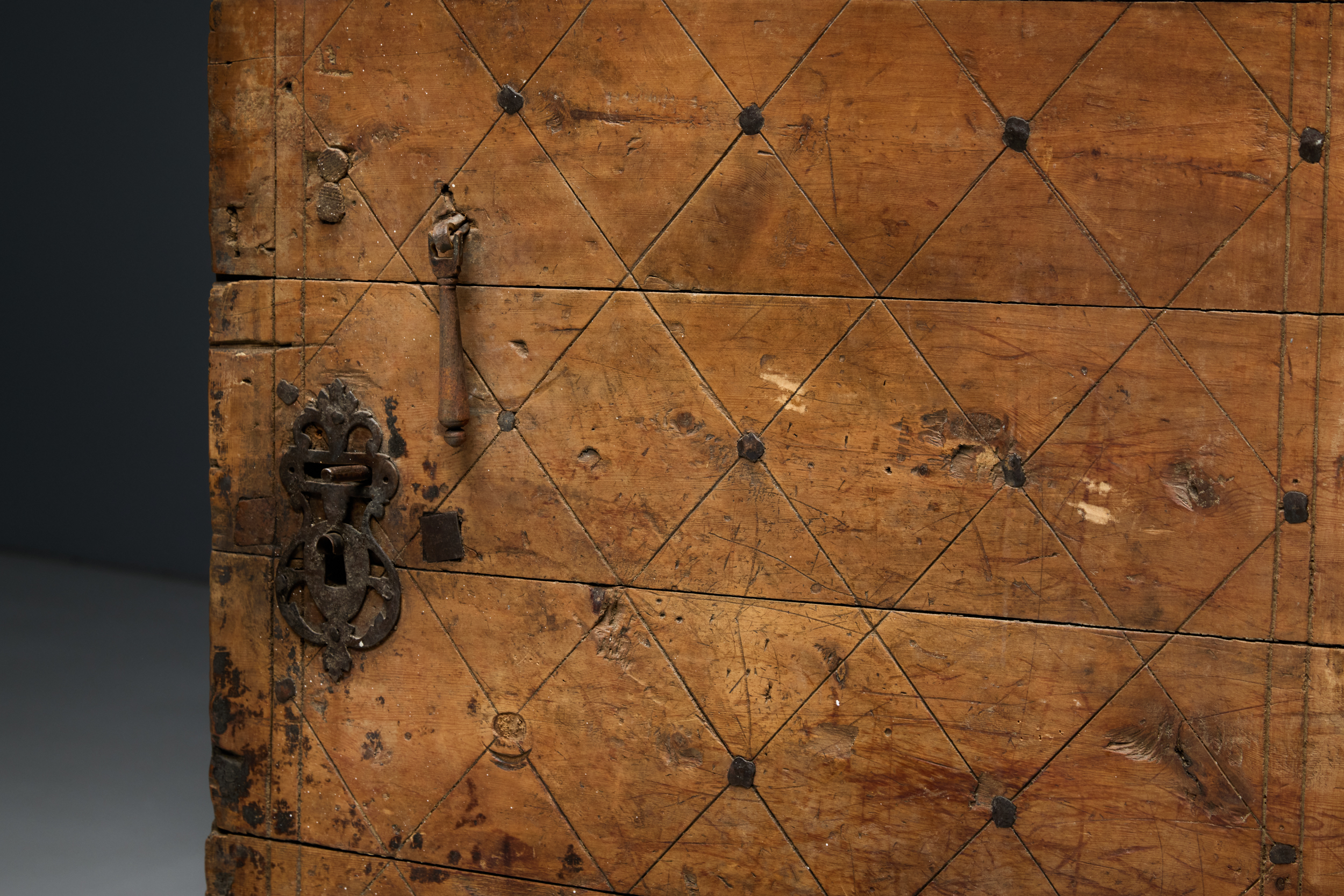 Carved Geometric Vernacular Pine Door, Hautes-Alpes, France - 19th Century