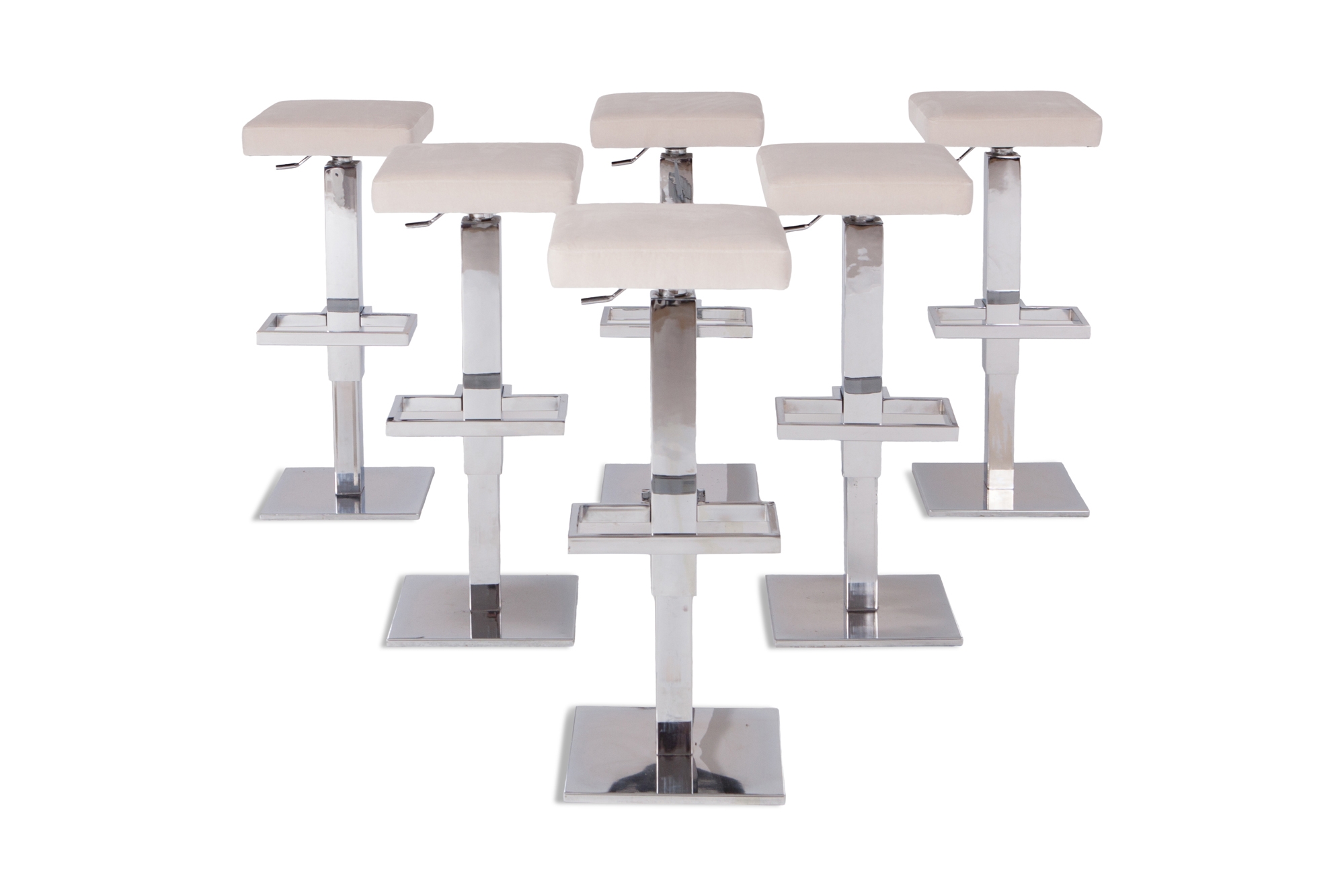 Maison Jansen Chromed Steel Adjustable Bar Stools With White Velvet Seating - 1970s