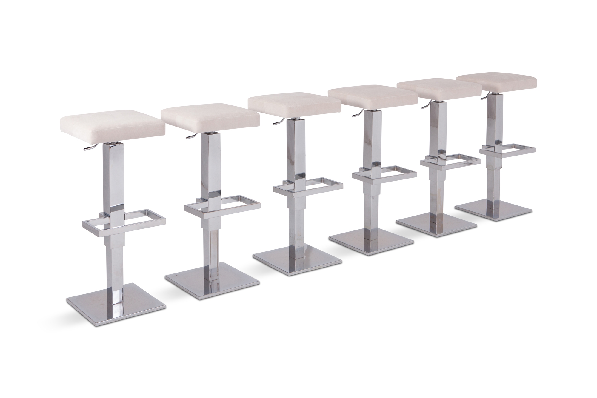 Maison Jansen Chromed Steel Adjustable Bar Stools With White Velvet Seating - 1970s