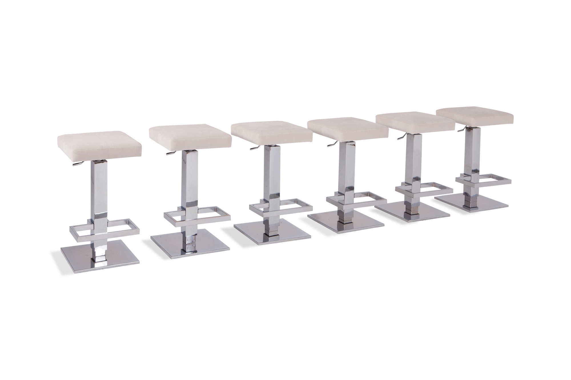 Maison Jansen Chromed Steel Adjustable Bar Stools With White Velvet Seating - 1970s