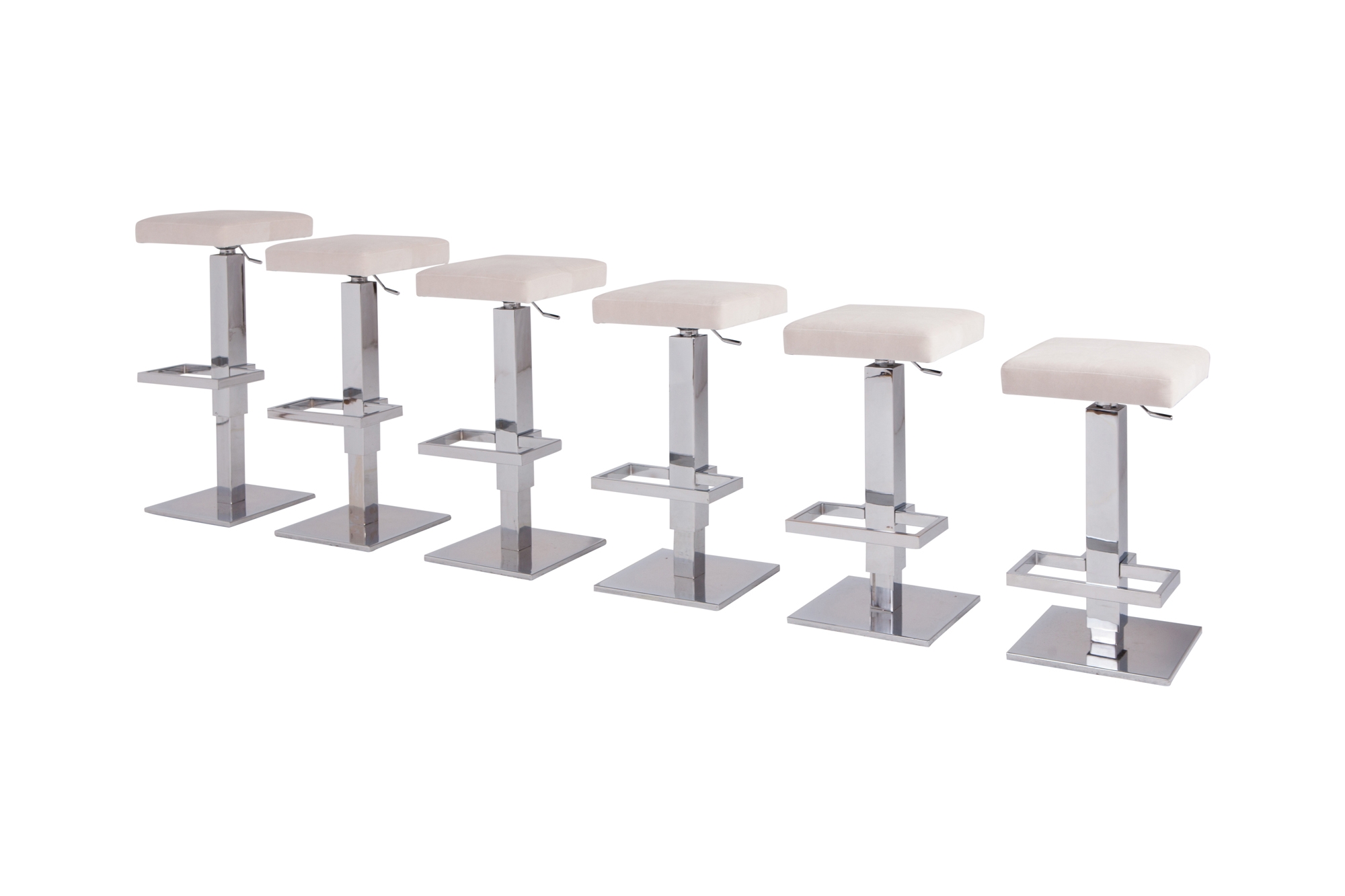 Maison Jansen Chromed Steel Adjustable Bar Stools With White Velvet Seating - 1970s