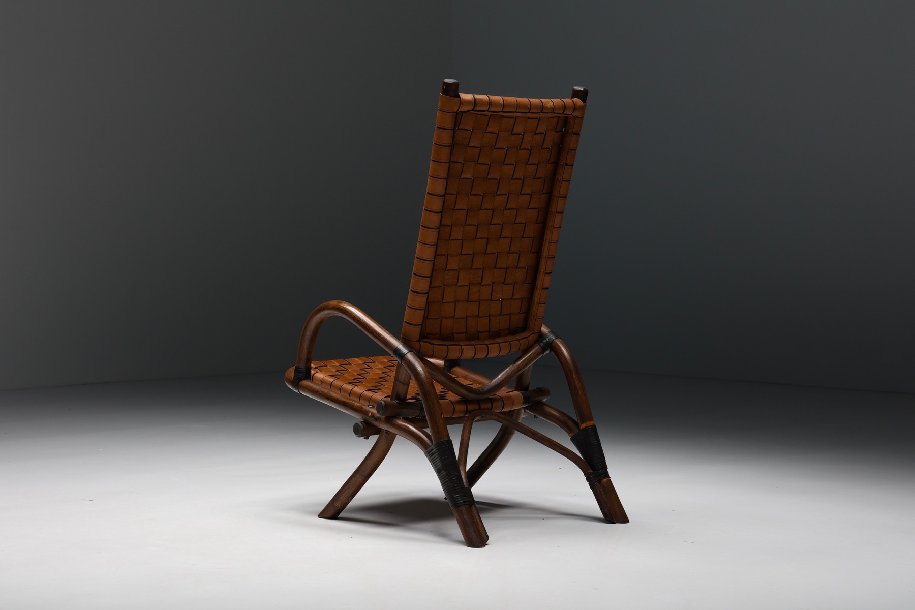 Pair of Rustic Woven Leather Bamboo Armchairs - 1950's