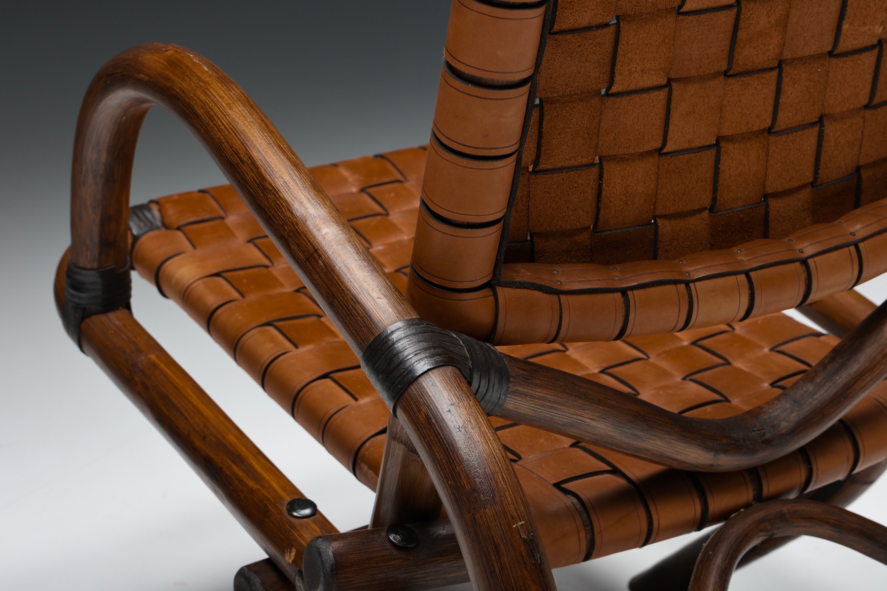 Pair of Rustic Woven Leather Bamboo Armchairs - 1950's
