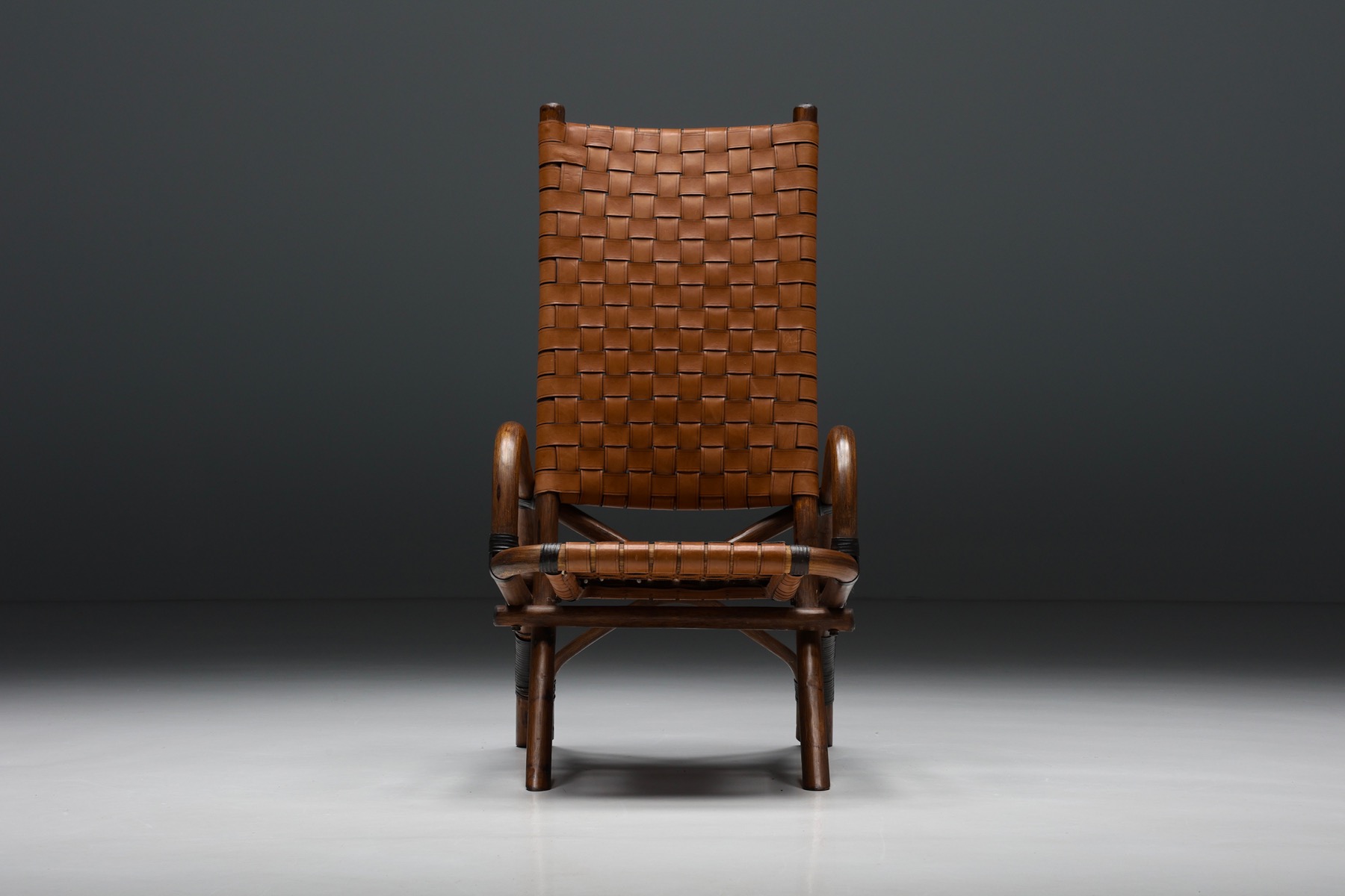 Pair of Rustic Woven Leather Bamboo Armchairs - 1950's