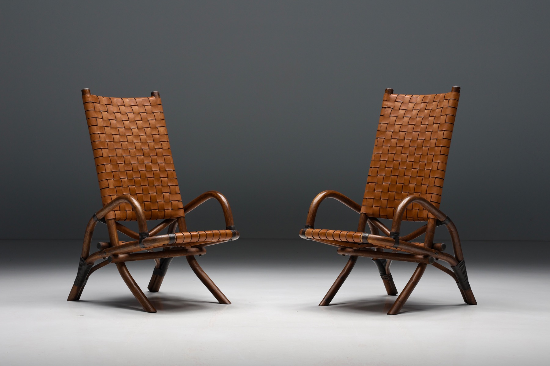 Pair of Rustic Woven Leather Bamboo Armchairs - 1950's