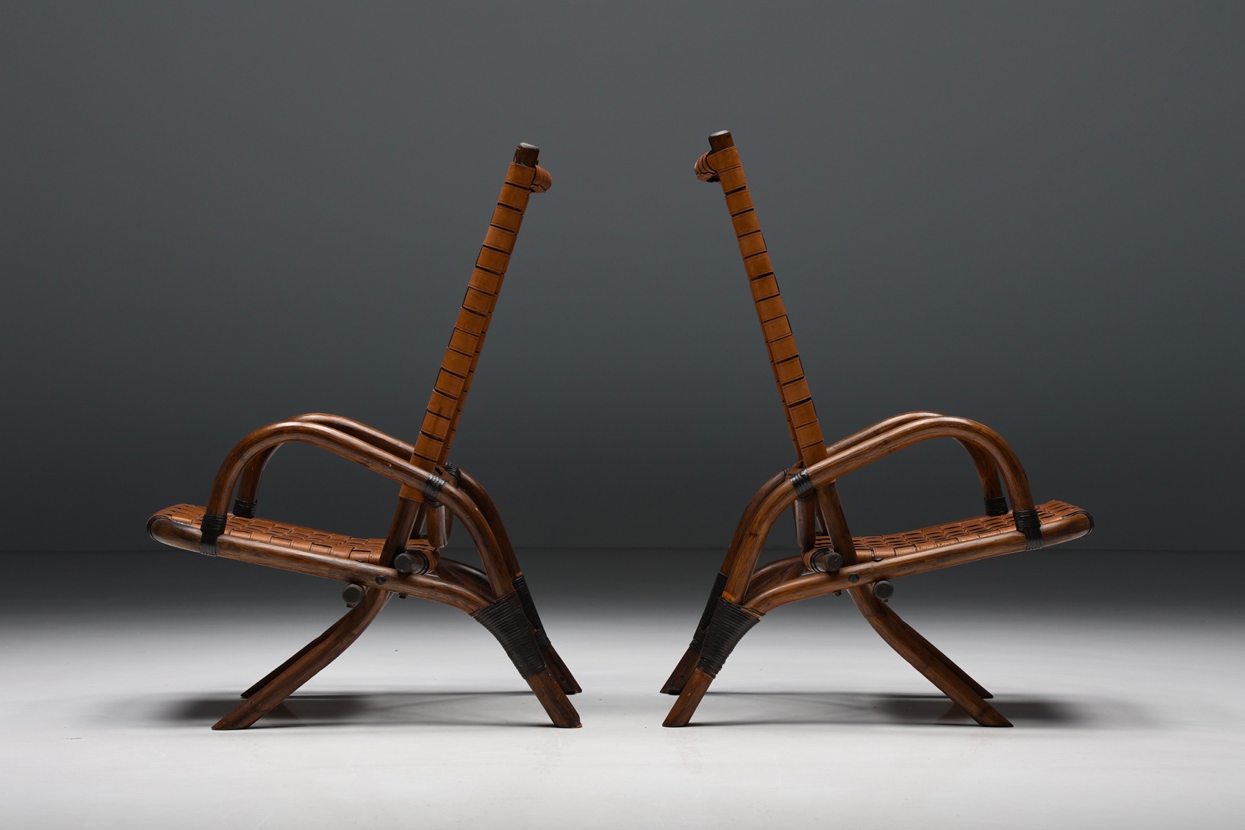 Pair of Rustic Woven Leather Bamboo Armchairs - 1950's