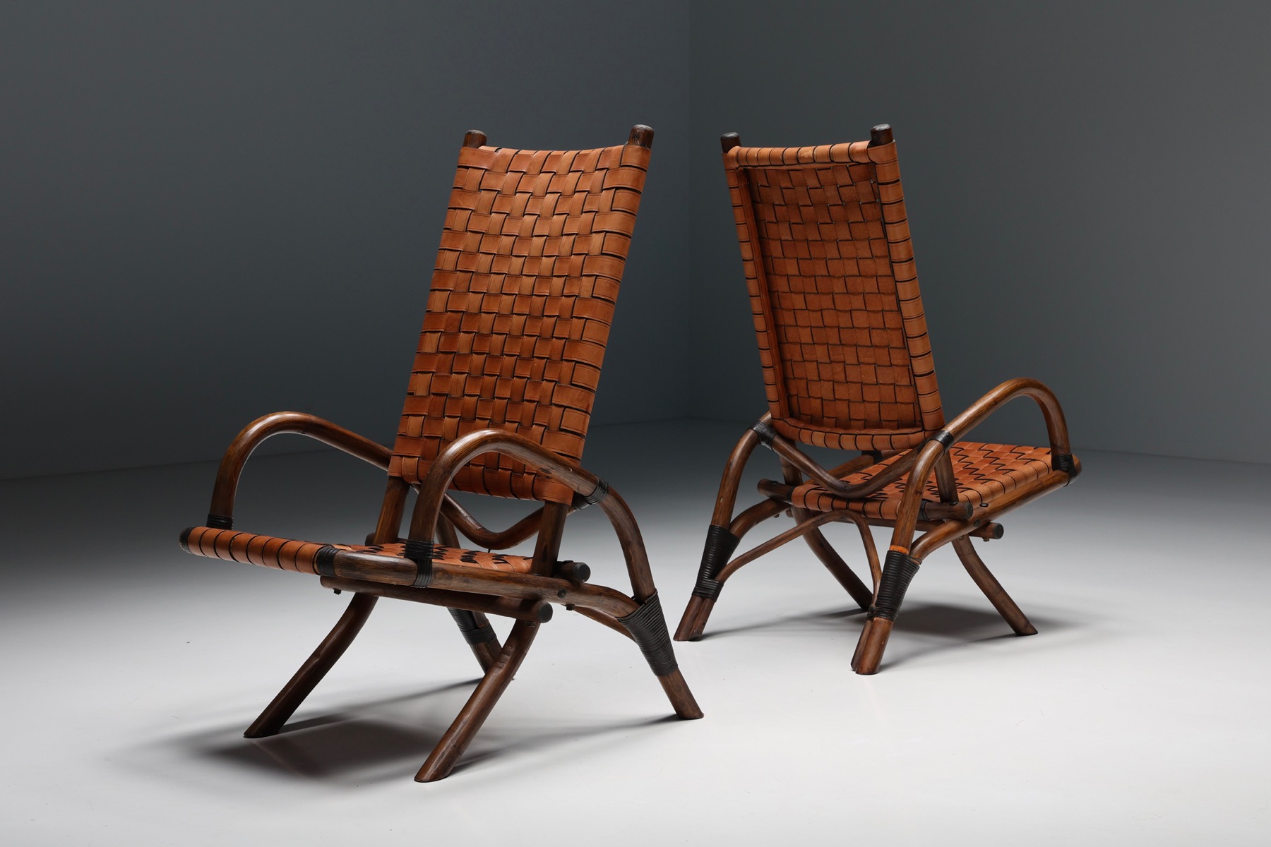 Pair of Rustic Woven Leather Bamboo Armchairs - 1950's