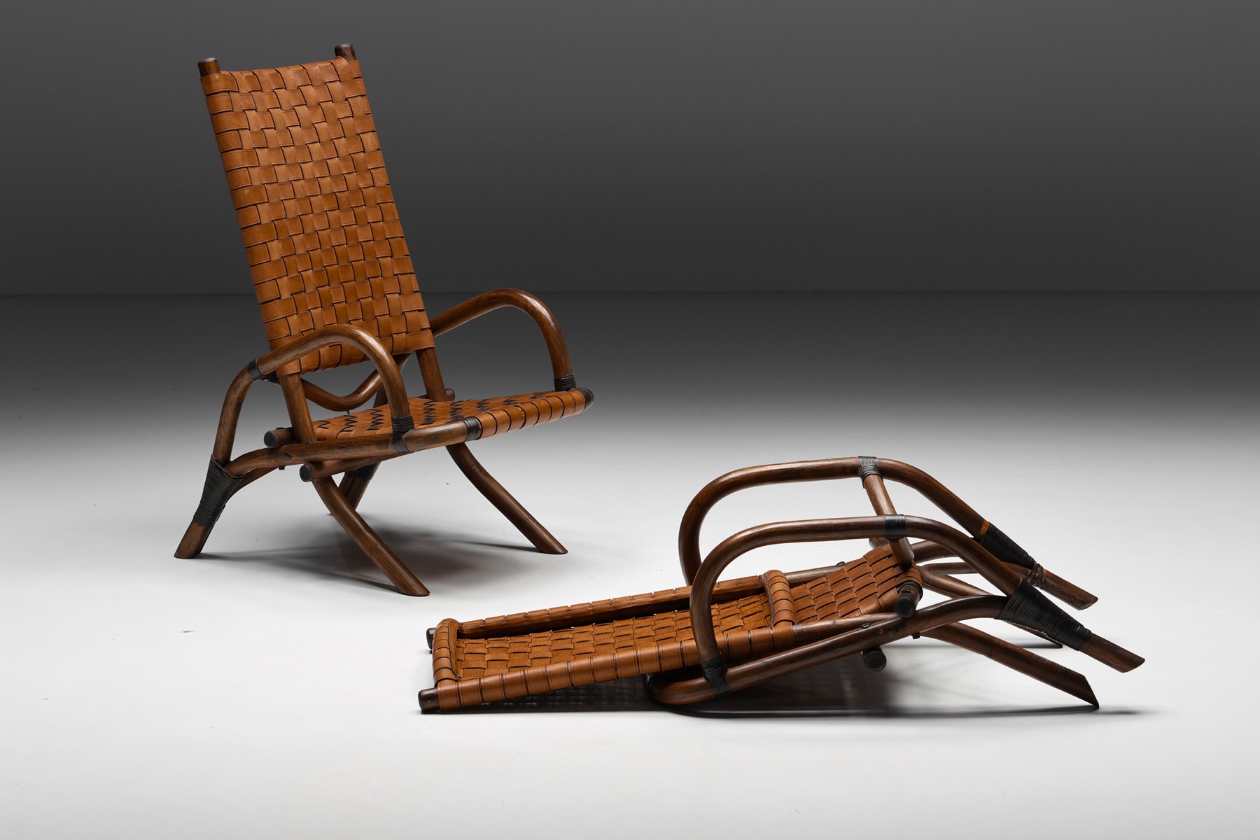 Pair of Rustic Woven Leather Bamboo Armchairs - 1950's