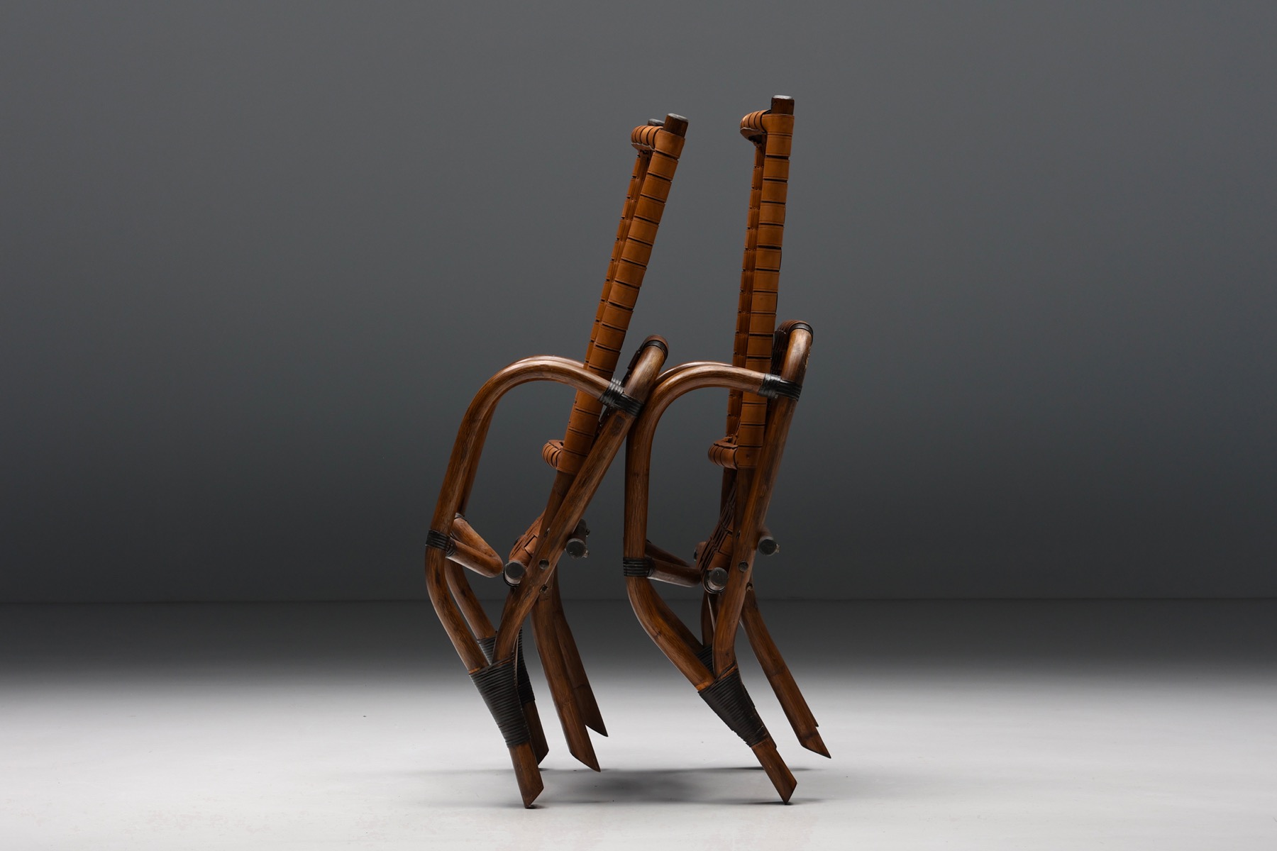 Pair of Rustic Woven Leather Bamboo Armchairs - 1950's