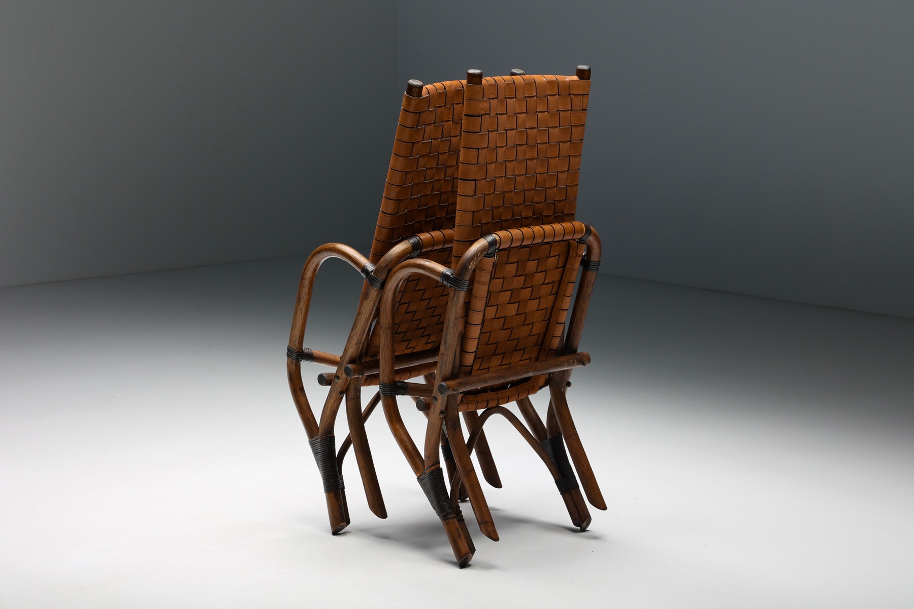 Pair of Rustic Woven Leather Bamboo Armchairs - 1950's