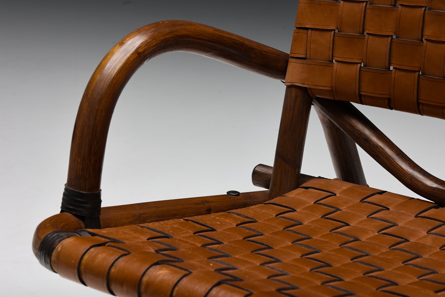 Pair of Rustic Woven Leather Bamboo Armchairs - 1950's