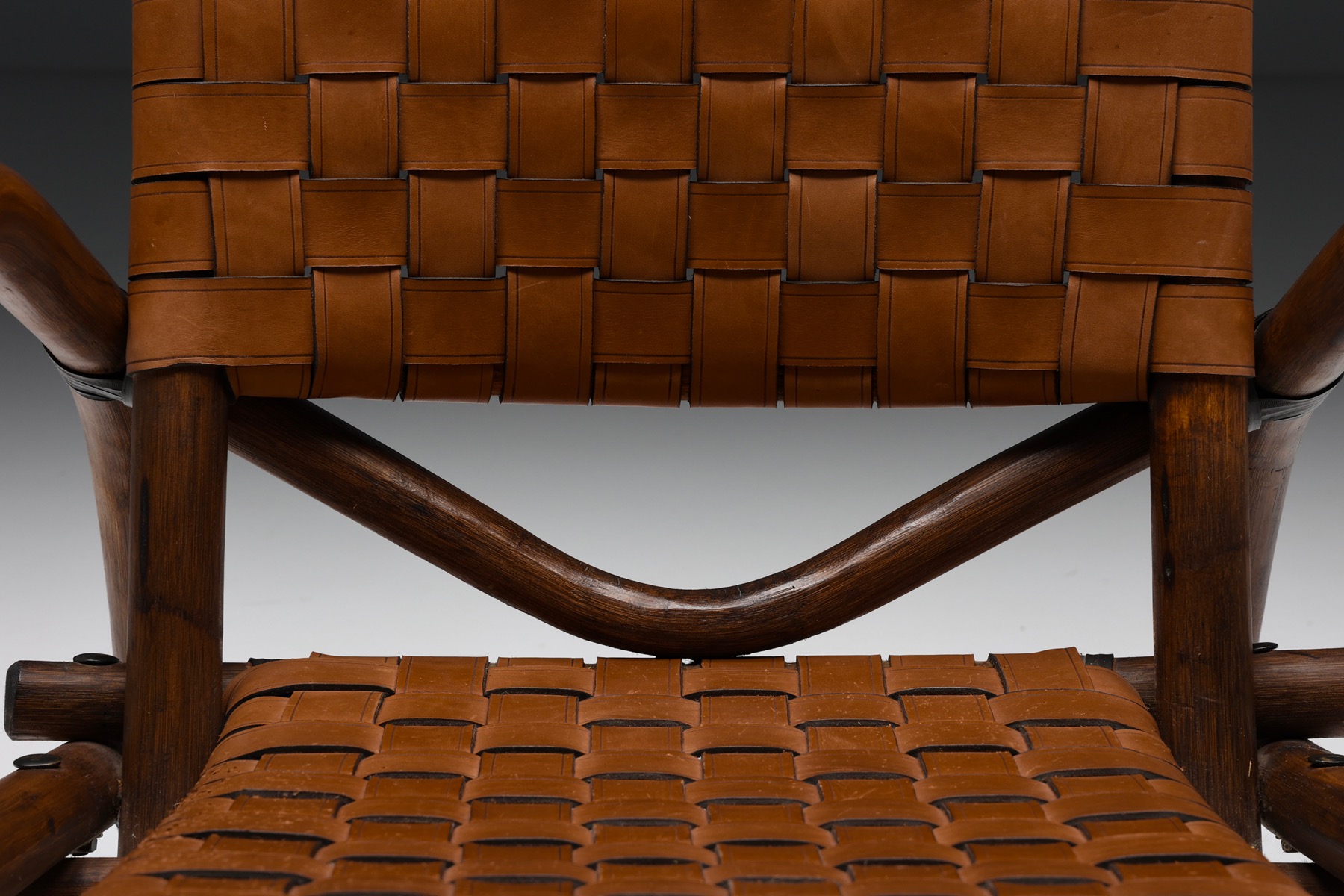 Pair of Rustic Woven Leather Bamboo Armchairs - 1950's