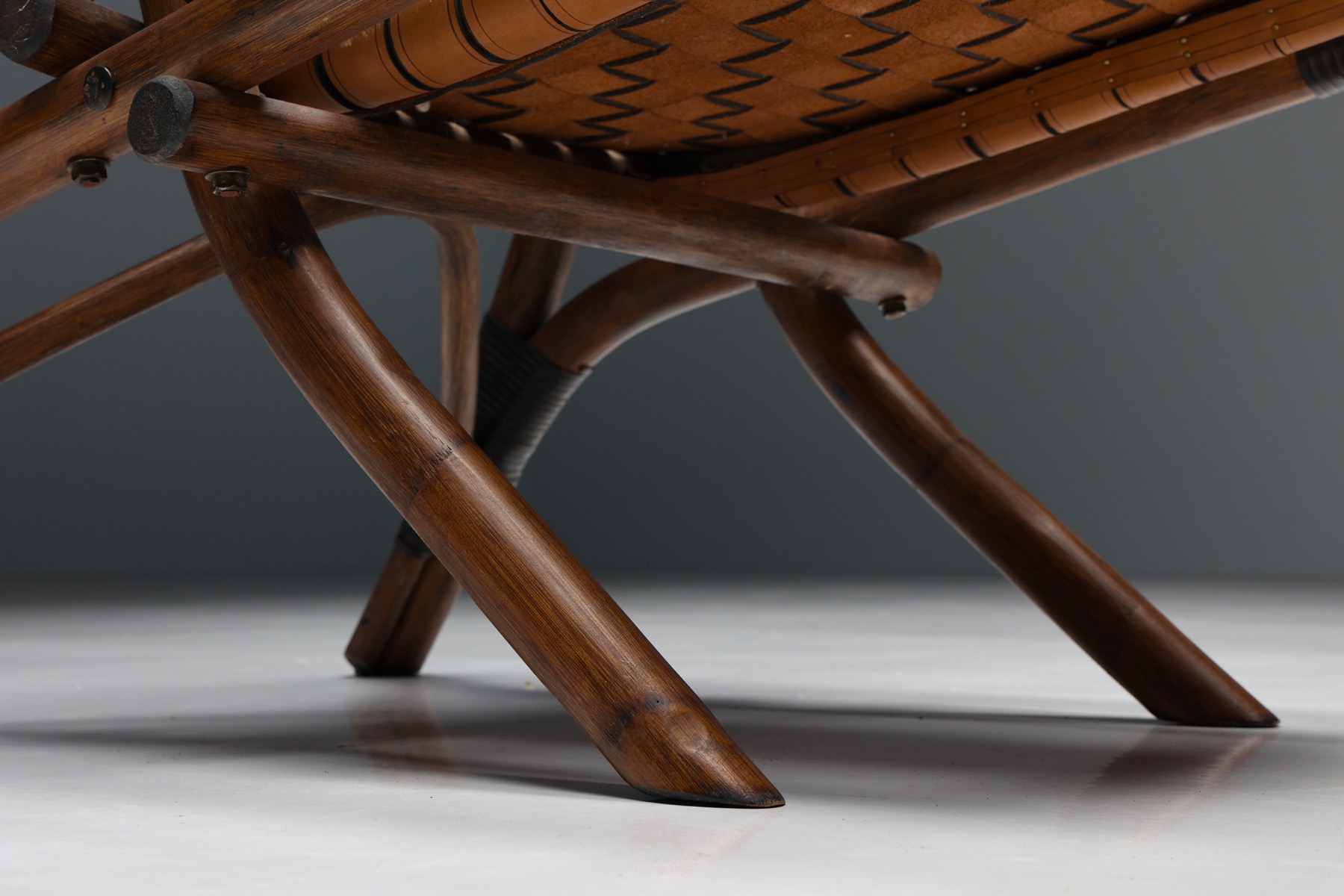 Pair of Rustic Woven Leather Bamboo Armchairs - 1950's