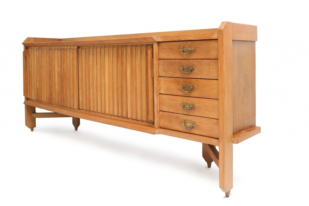 Oak Credenza With Ceramic Inlay, Guillaume Et Chambron - 1960s