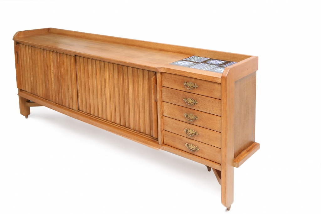 Oak Credenza With Ceramic Inlay, Guillaume Et Chambron - 1960s