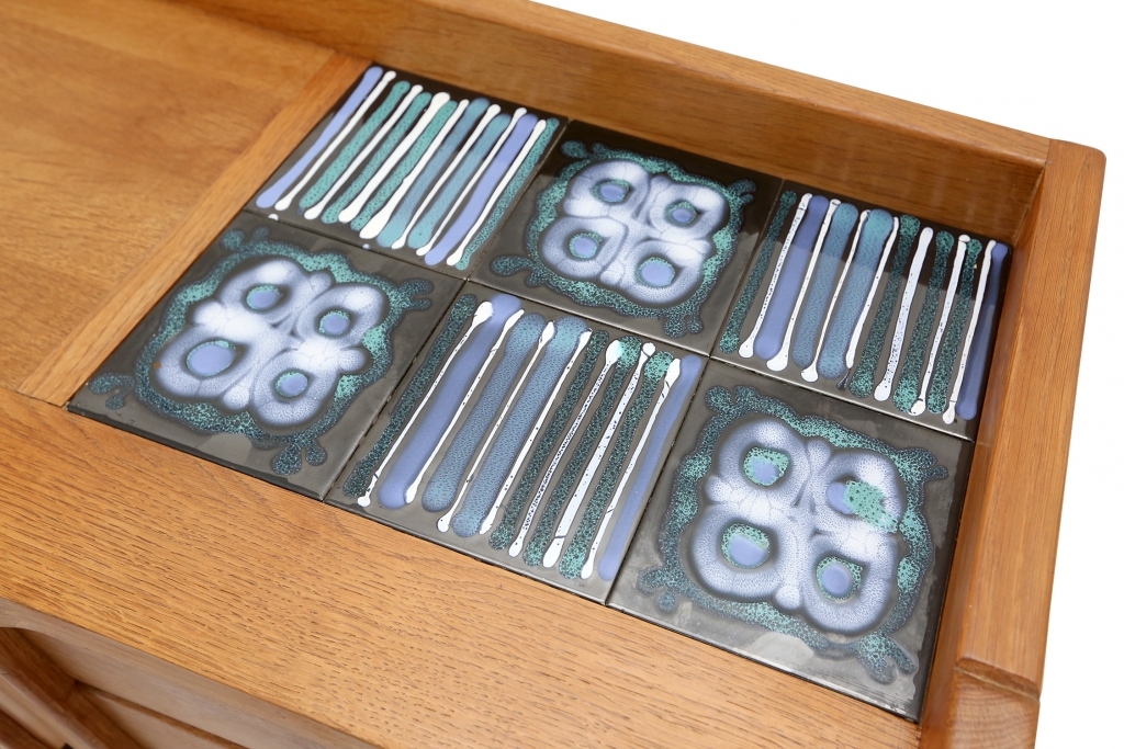 Oak Credenza With Ceramic Inlay, Guillaume Et Chambron - 1960s