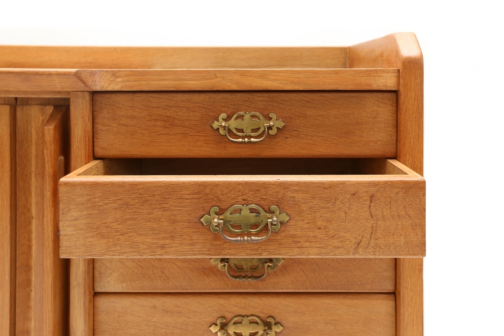 Oak Credenza With Ceramic Inlay, Guillaume Et Chambron - 1960s