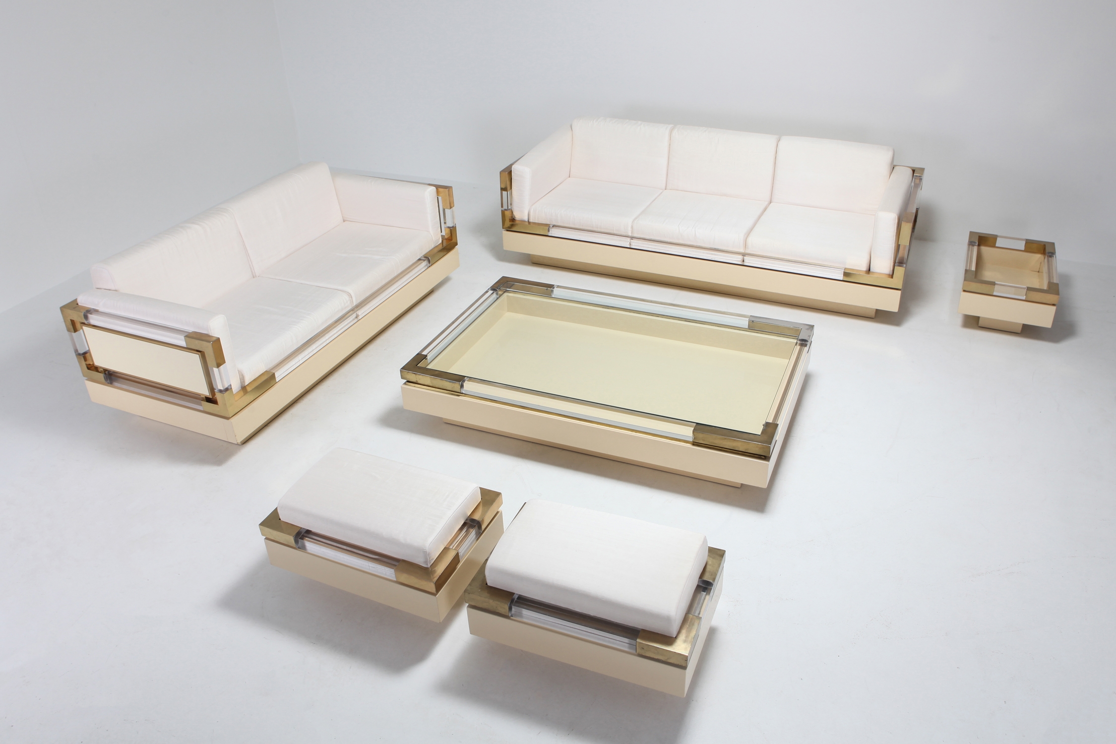 Hollywood Regency Couch in Cream Lacquer, Brass and Lucite, 1970s