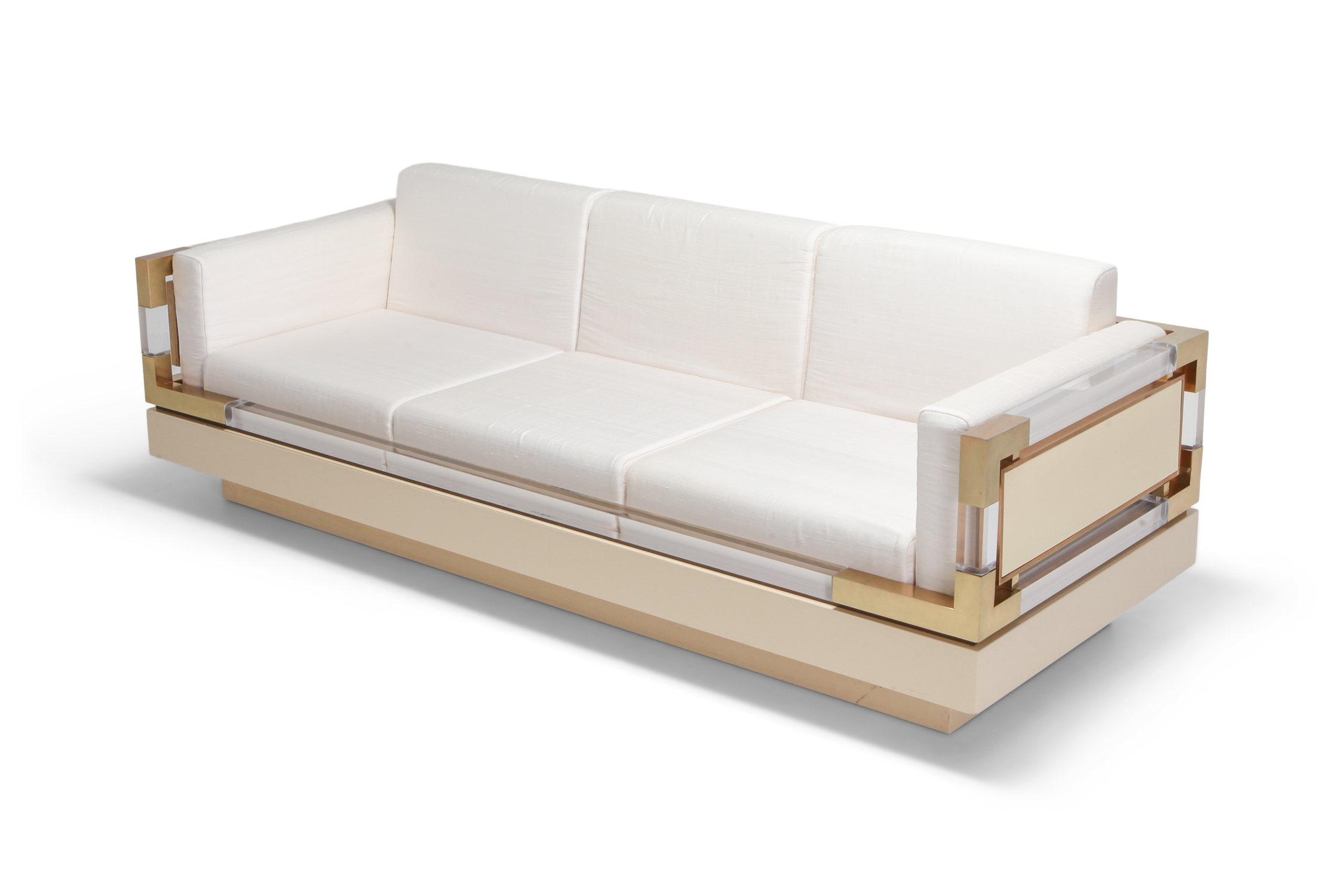 Hollywood Regency Couch in Cream Lacquer, Brass and Lucite, 1970s