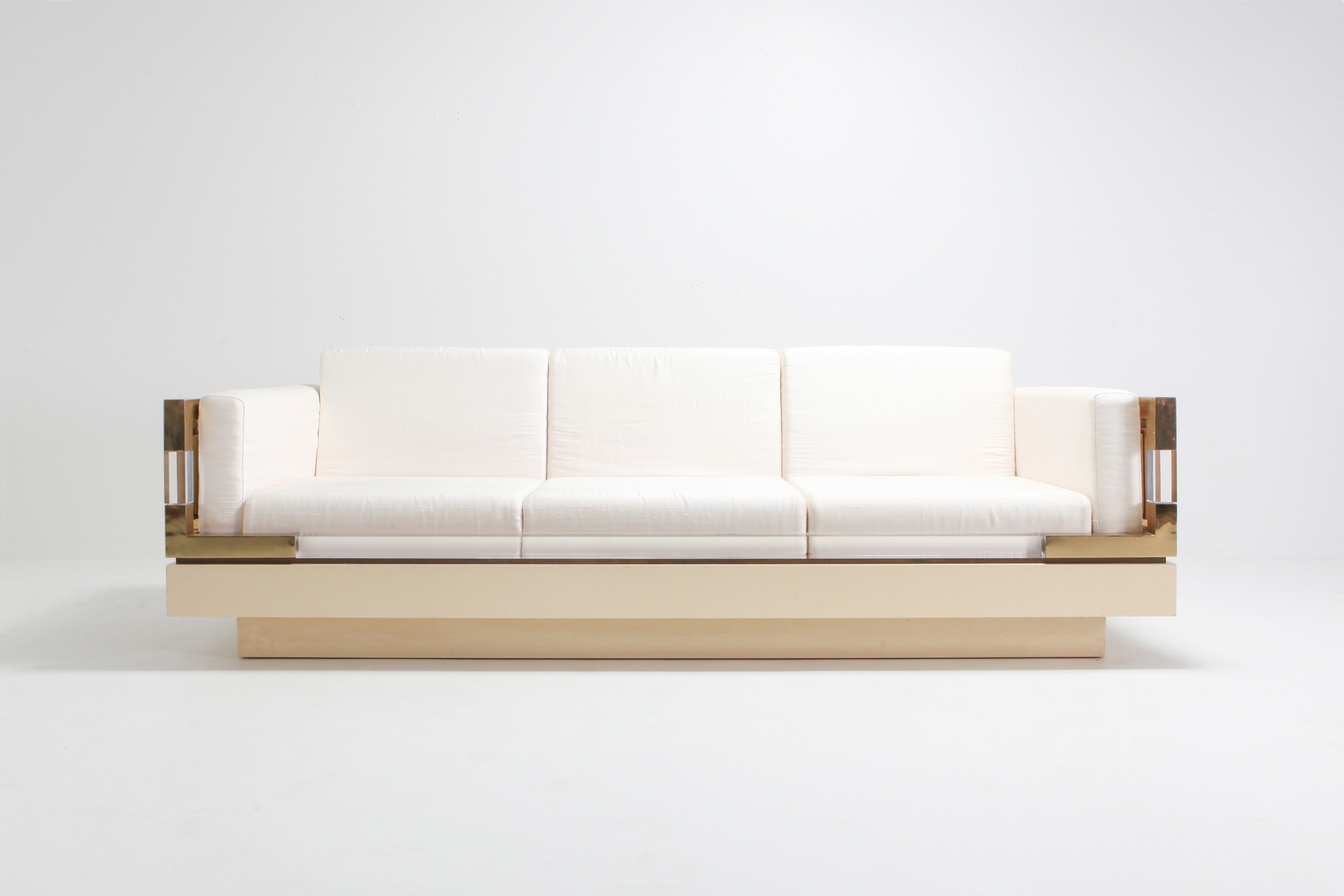 Hollywood Regency Couch in Cream Lacquer, Brass and Lucite, 1970s