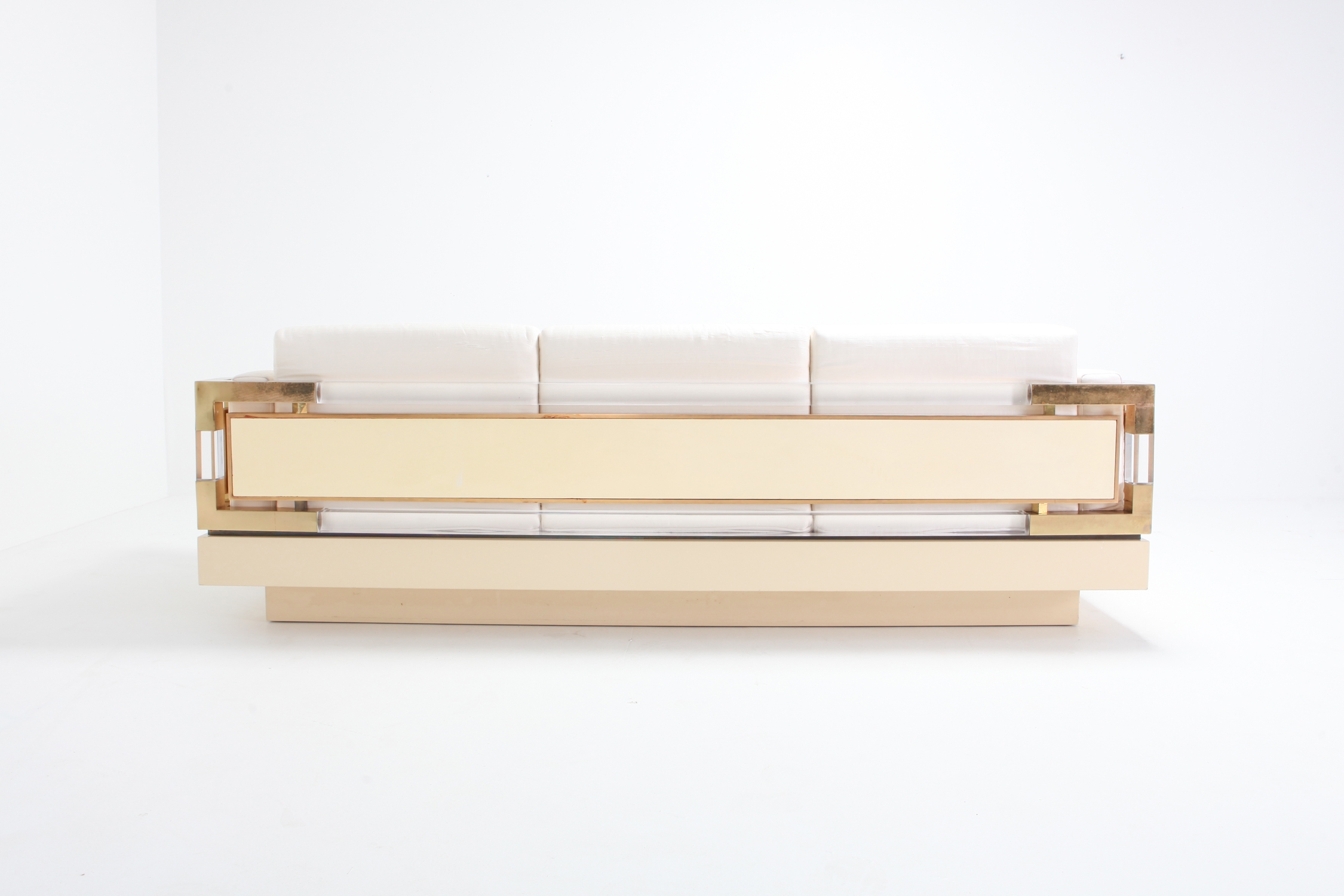 Hollywood Regency Couch in Cream Lacquer, Brass and Lucite, 1970s