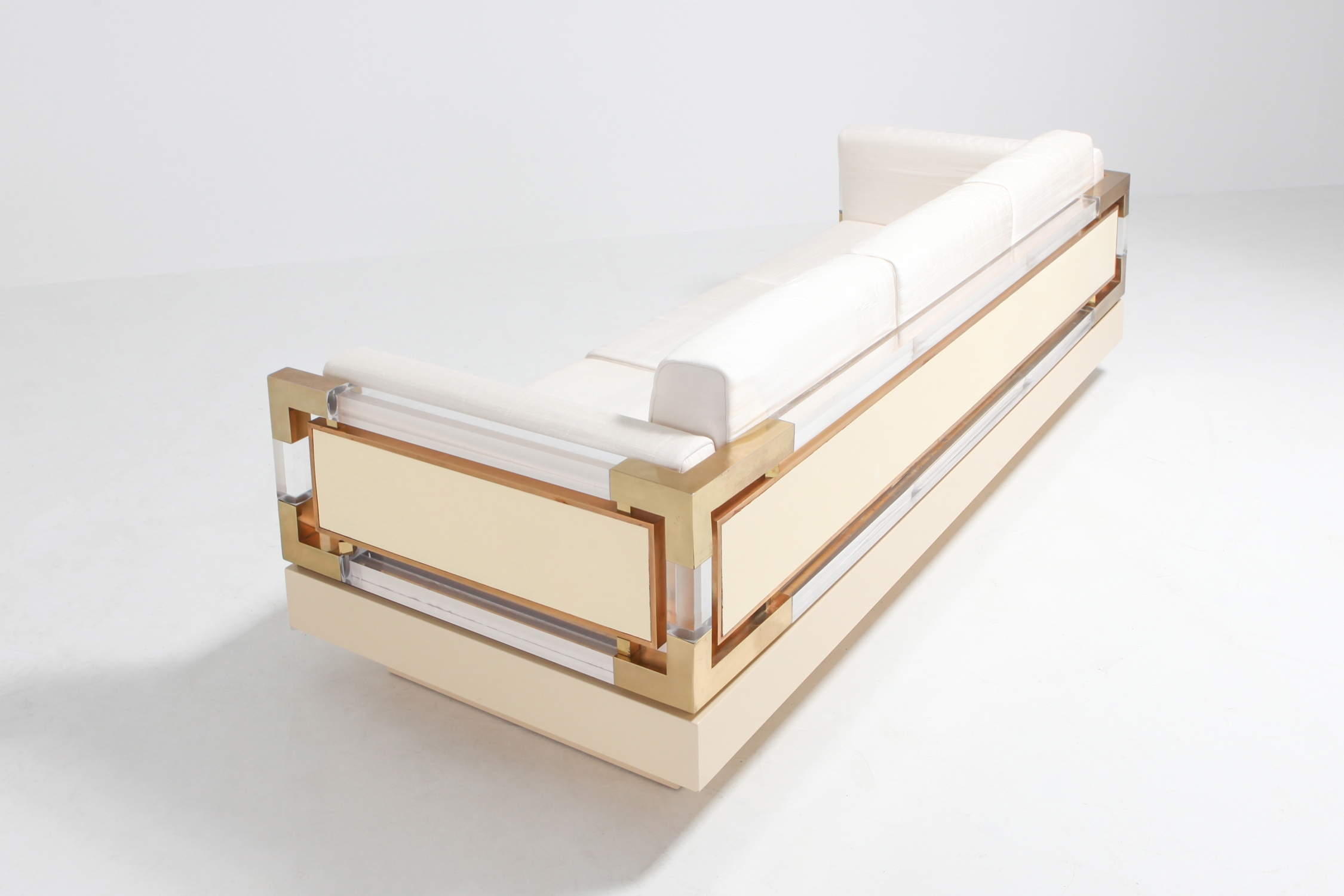 Hollywood Regency Couch in Cream Lacquer, Brass and Lucite, 1970s