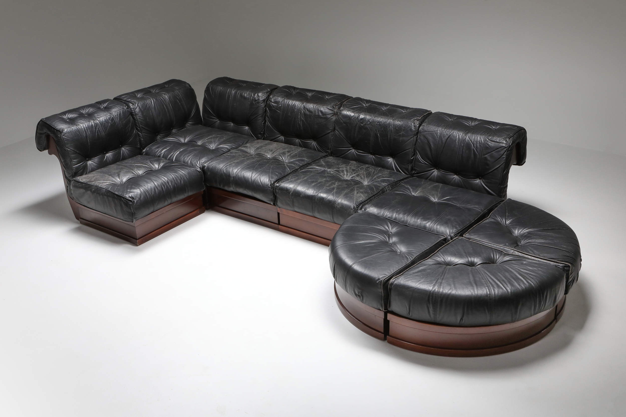 Sectional Sofa in Black Leather and Mahogany by Luciano Frigerio - 1970s