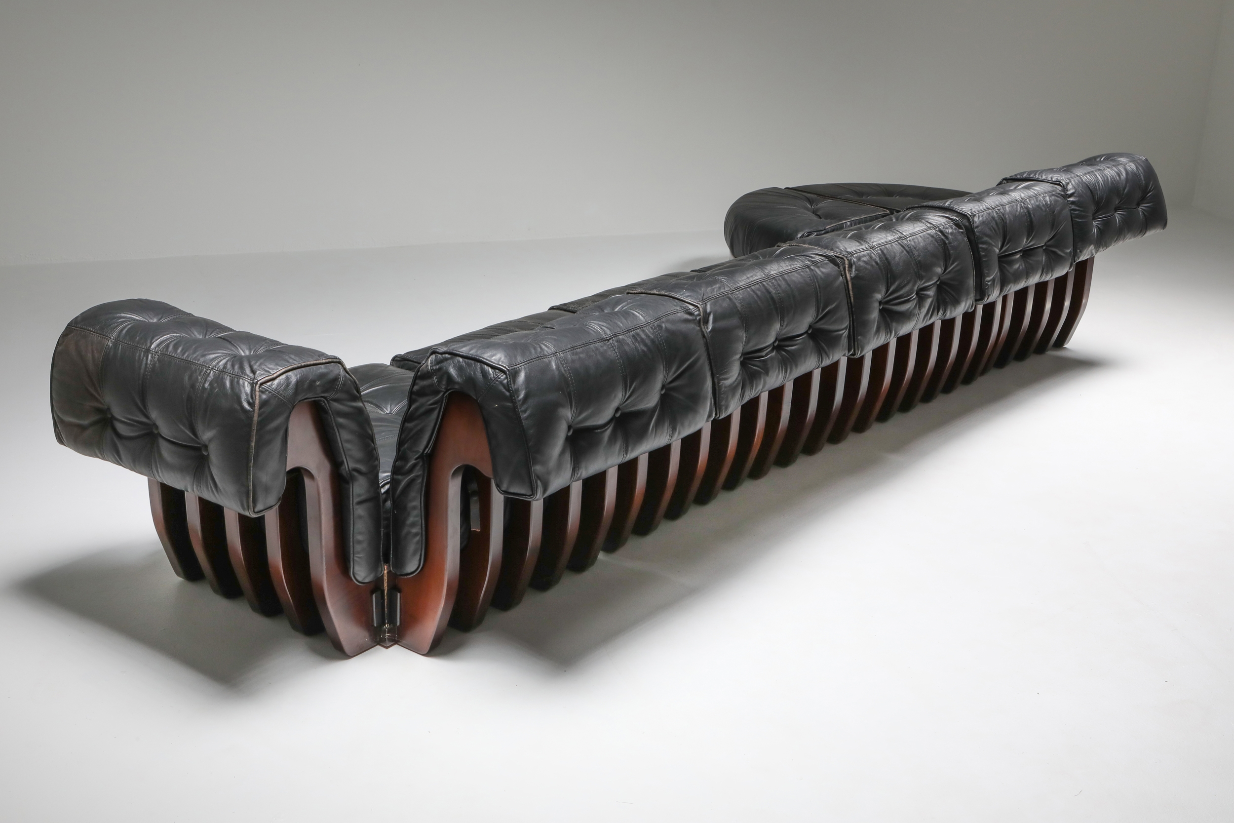 Sectional Sofa in Black Leather and Mahogany by Luciano Frigerio - 1970s