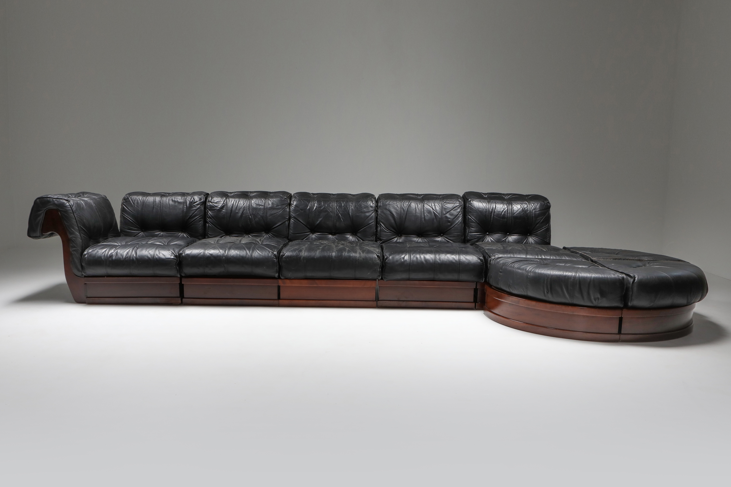 Sectional Sofa in Black Leather and Mahogany by Luciano Frigerio - 1970s