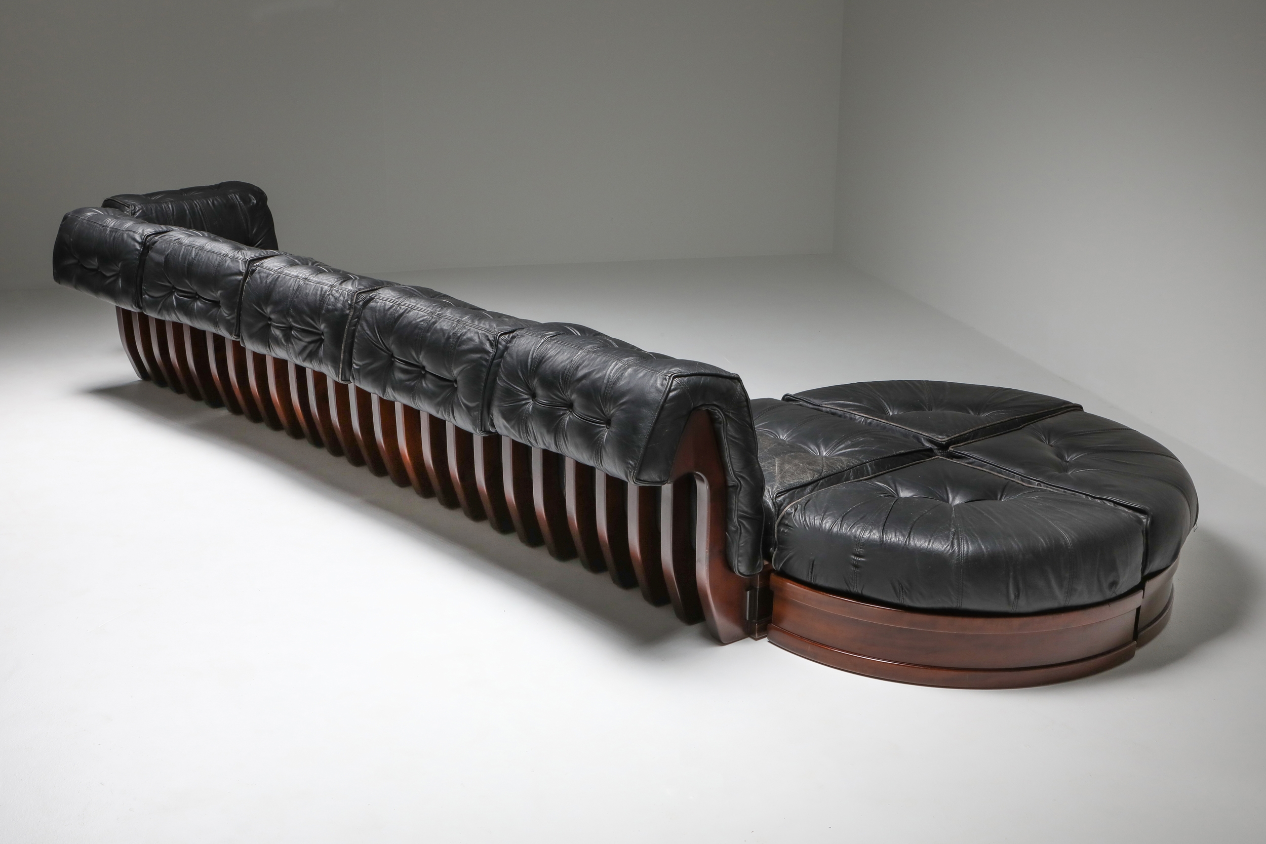 Sectional Sofa in Black Leather and Mahogany by Luciano Frigerio - 1970s