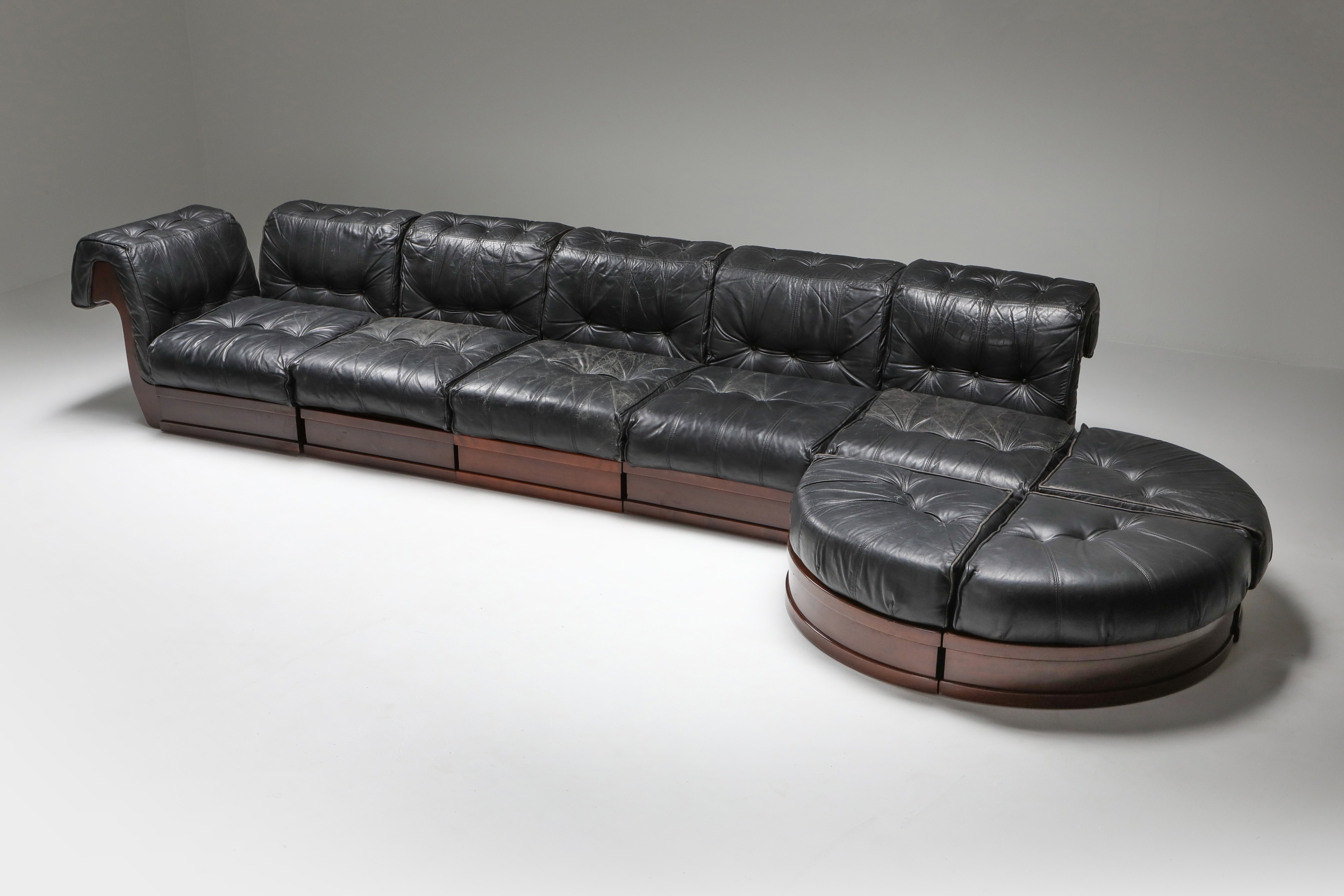 Sectional Sofa in Black Leather and Mahogany by Luciano Frigerio - 1970s