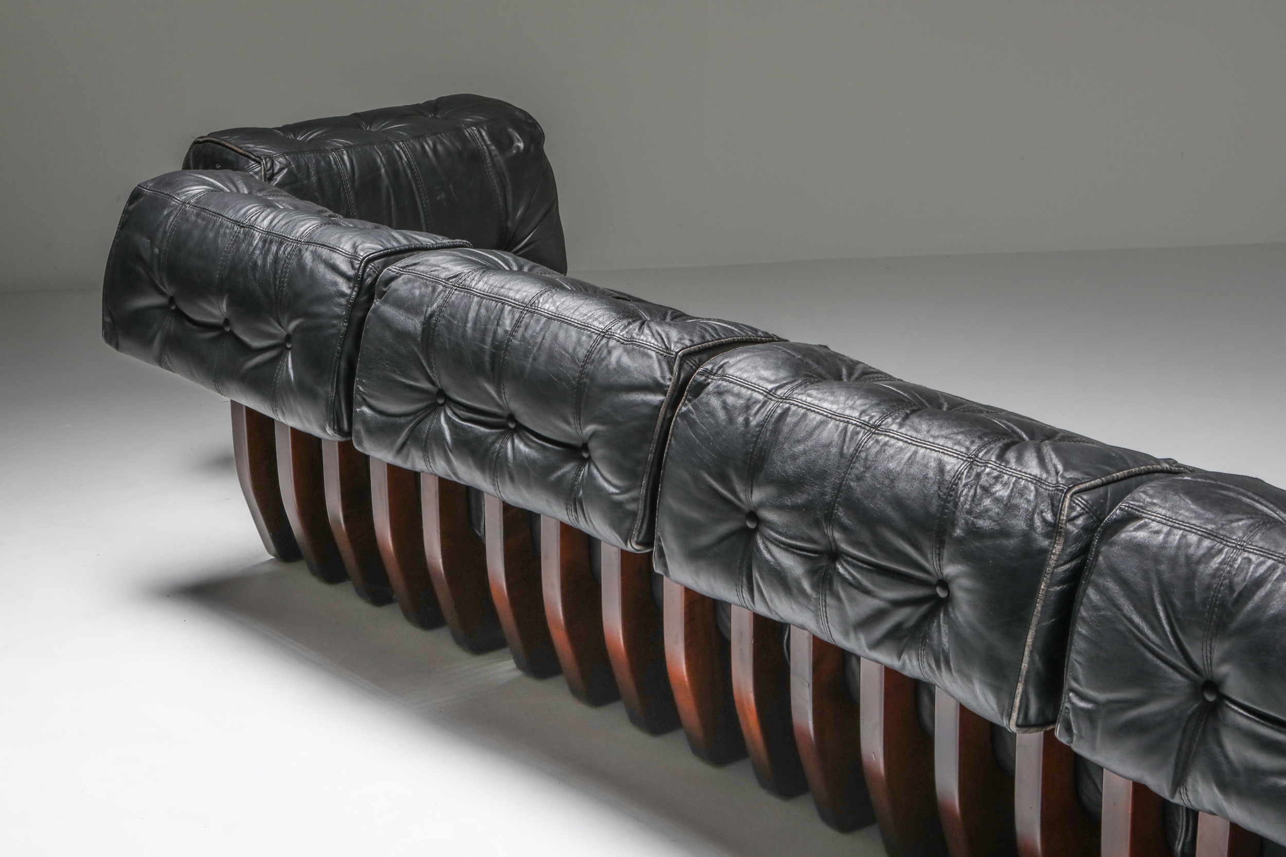 Sectional Sofa in Black Leather and Mahogany by Luciano Frigerio - 1970s