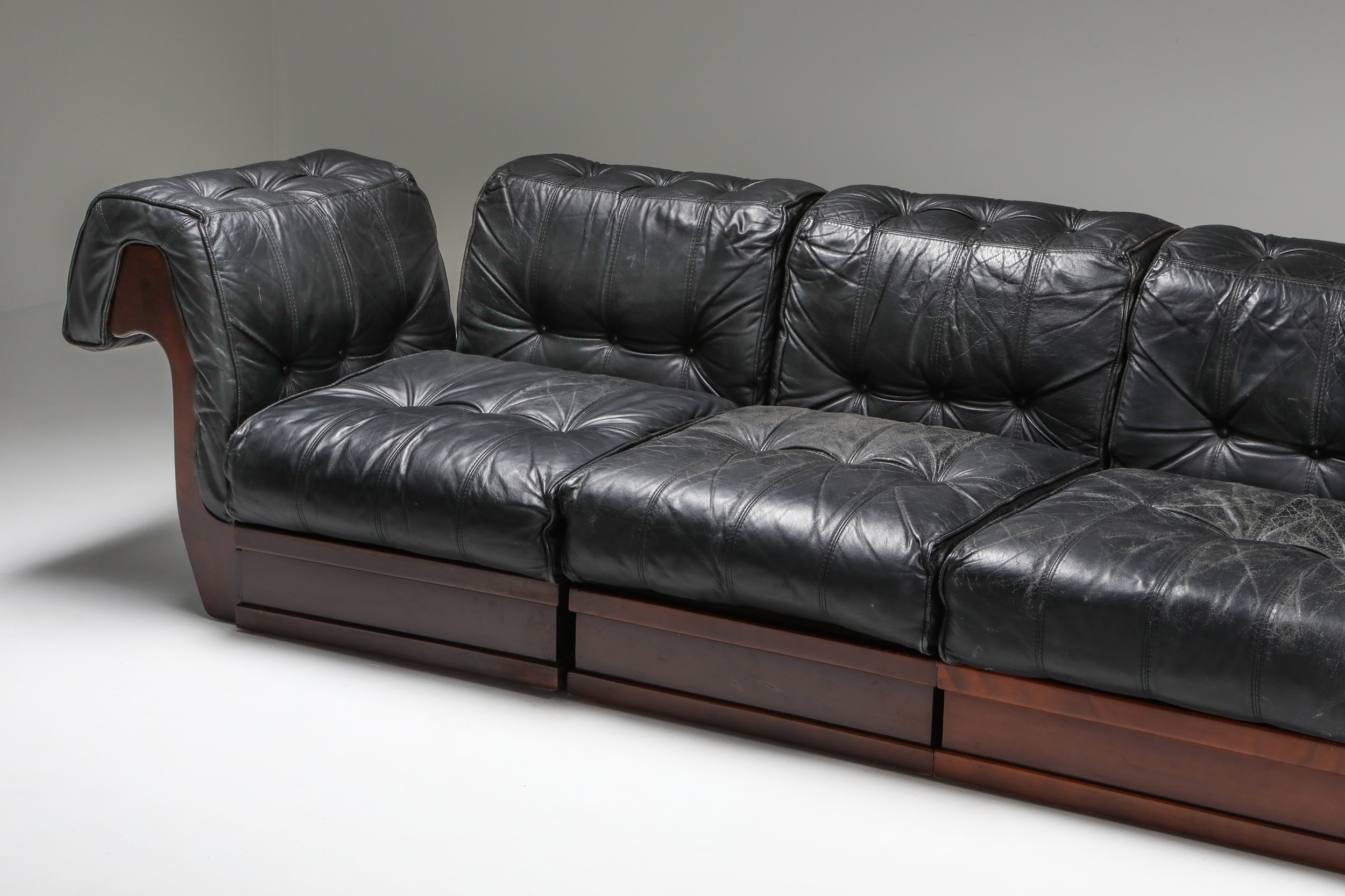 Sectional Sofa in Black Leather and Mahogany by Luciano Frigerio - 1970s