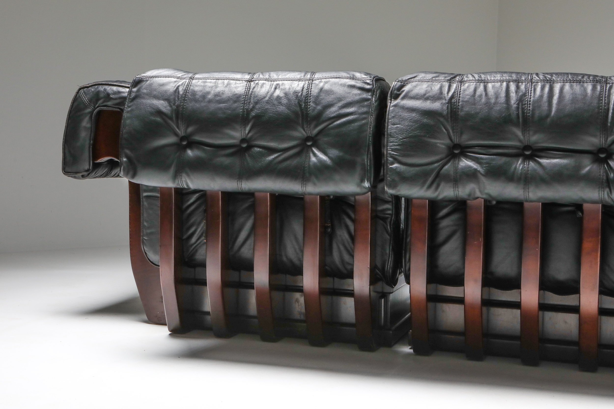 Sectional Sofa in Black Leather and Mahogany by Luciano Frigerio - 1970s