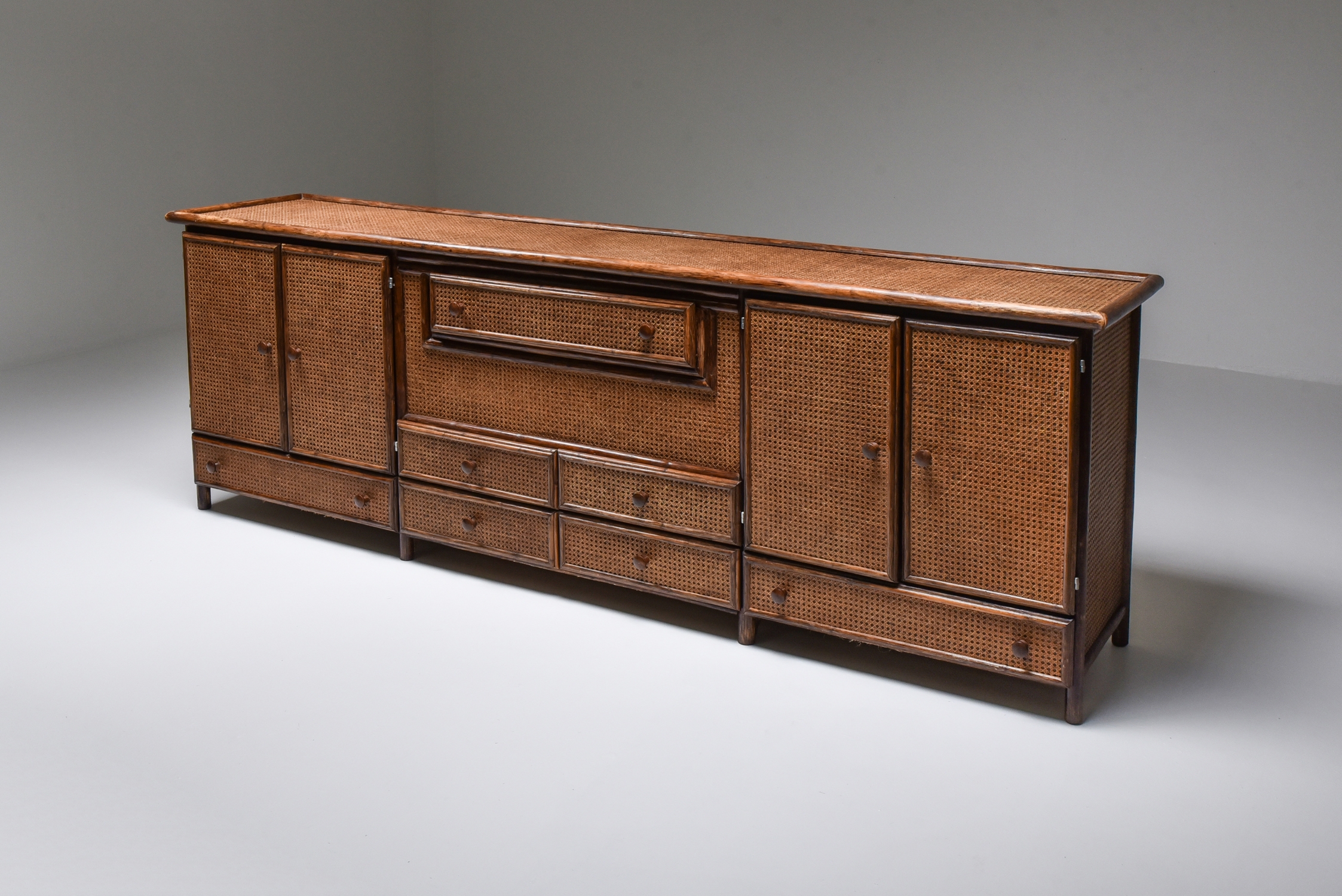 Bamboo & Cane Credenza with Multiple Drawers, Italy - 1970's