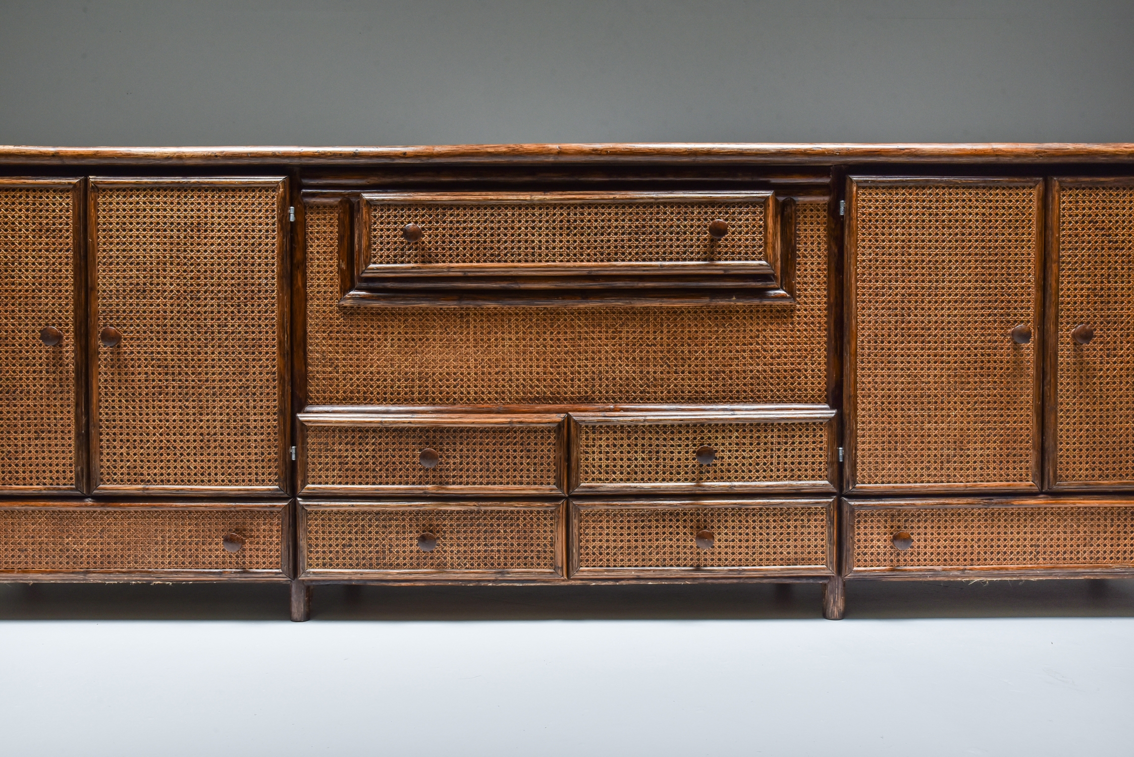 Bamboo & Cane Credenza with Multiple Drawers, Italy - 1970's
