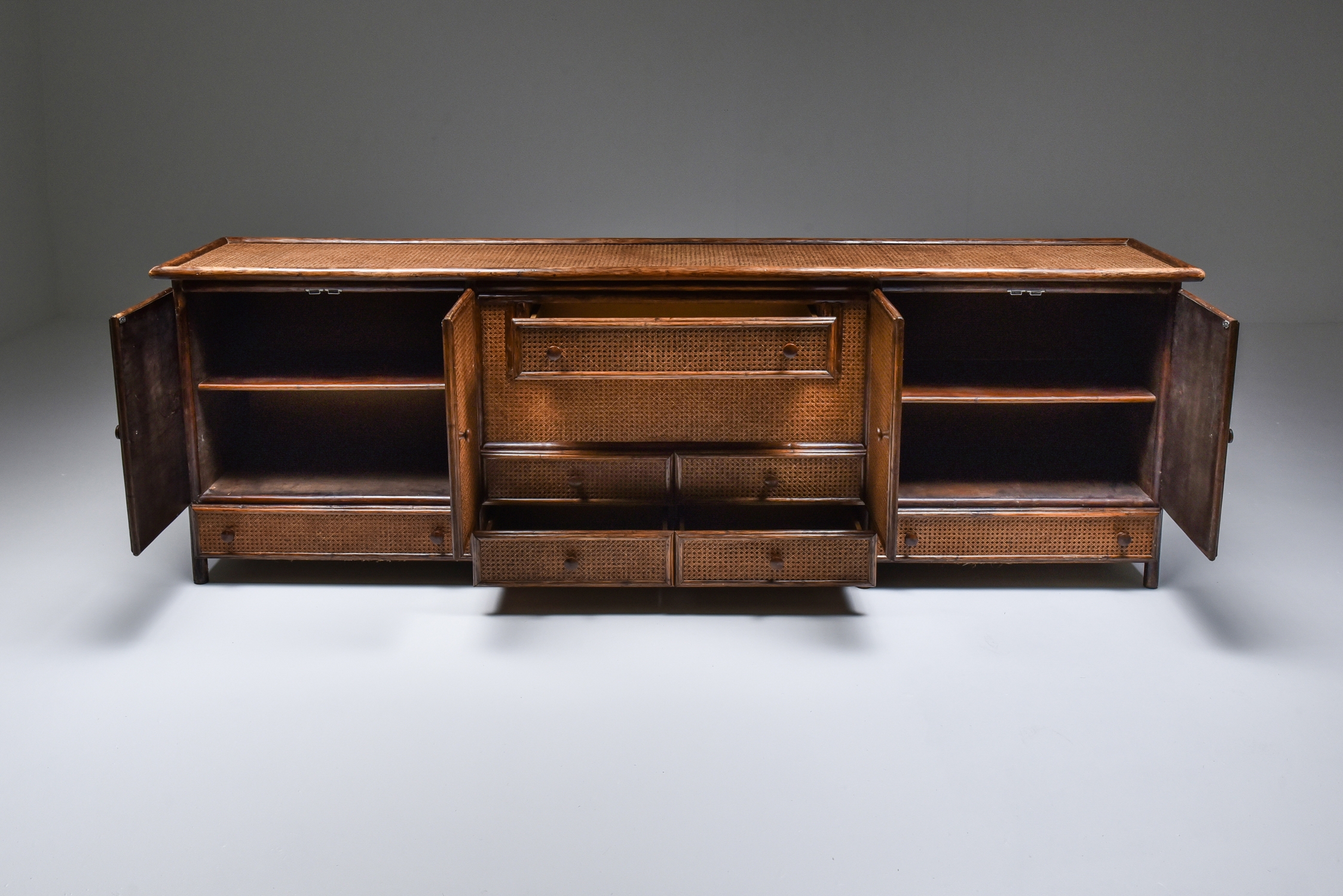 Bamboo & Cane Credenza with Multiple Drawers, Italy - 1970's