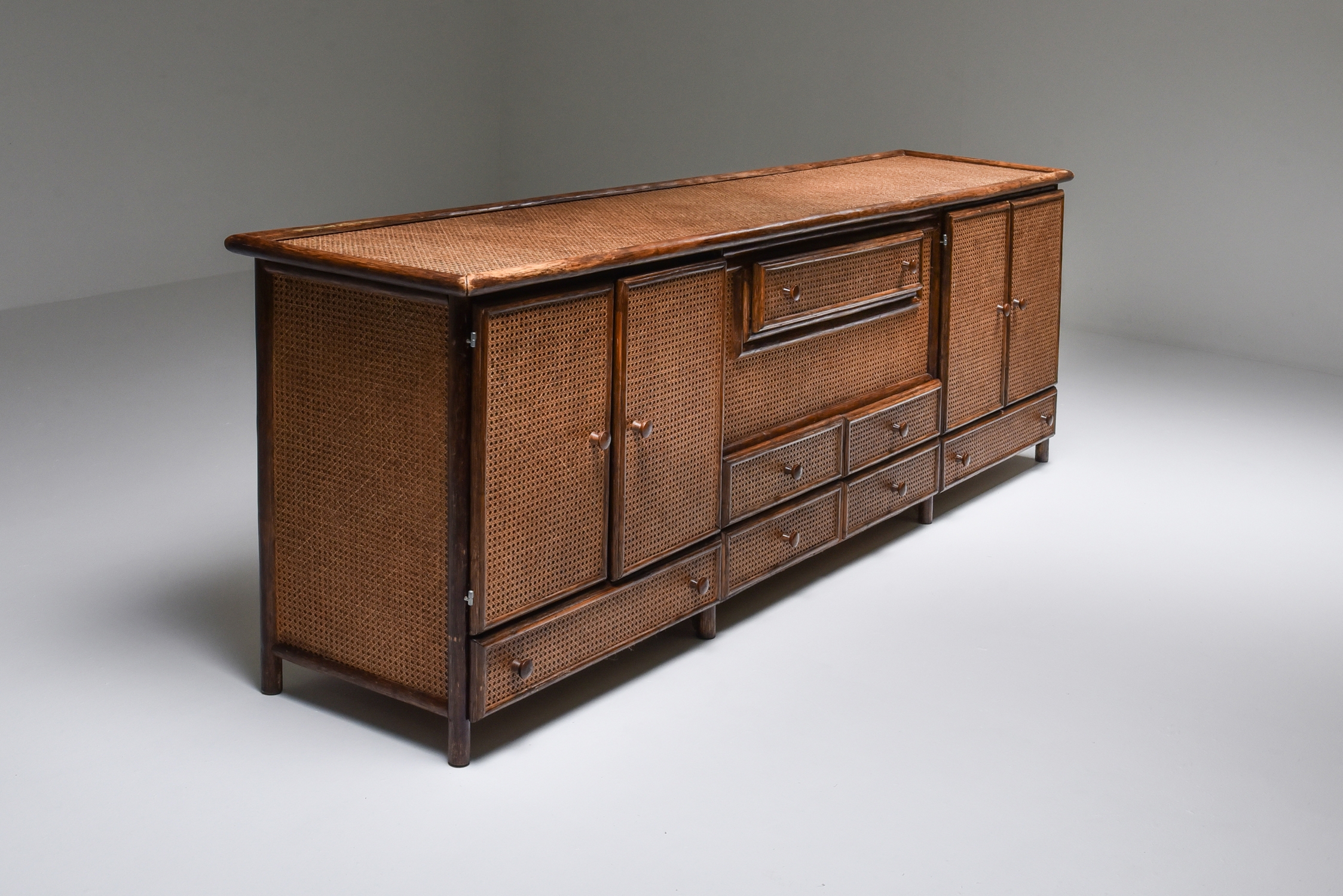 Bamboo & Cane Credenza with Multiple Drawers, Italy - 1970's