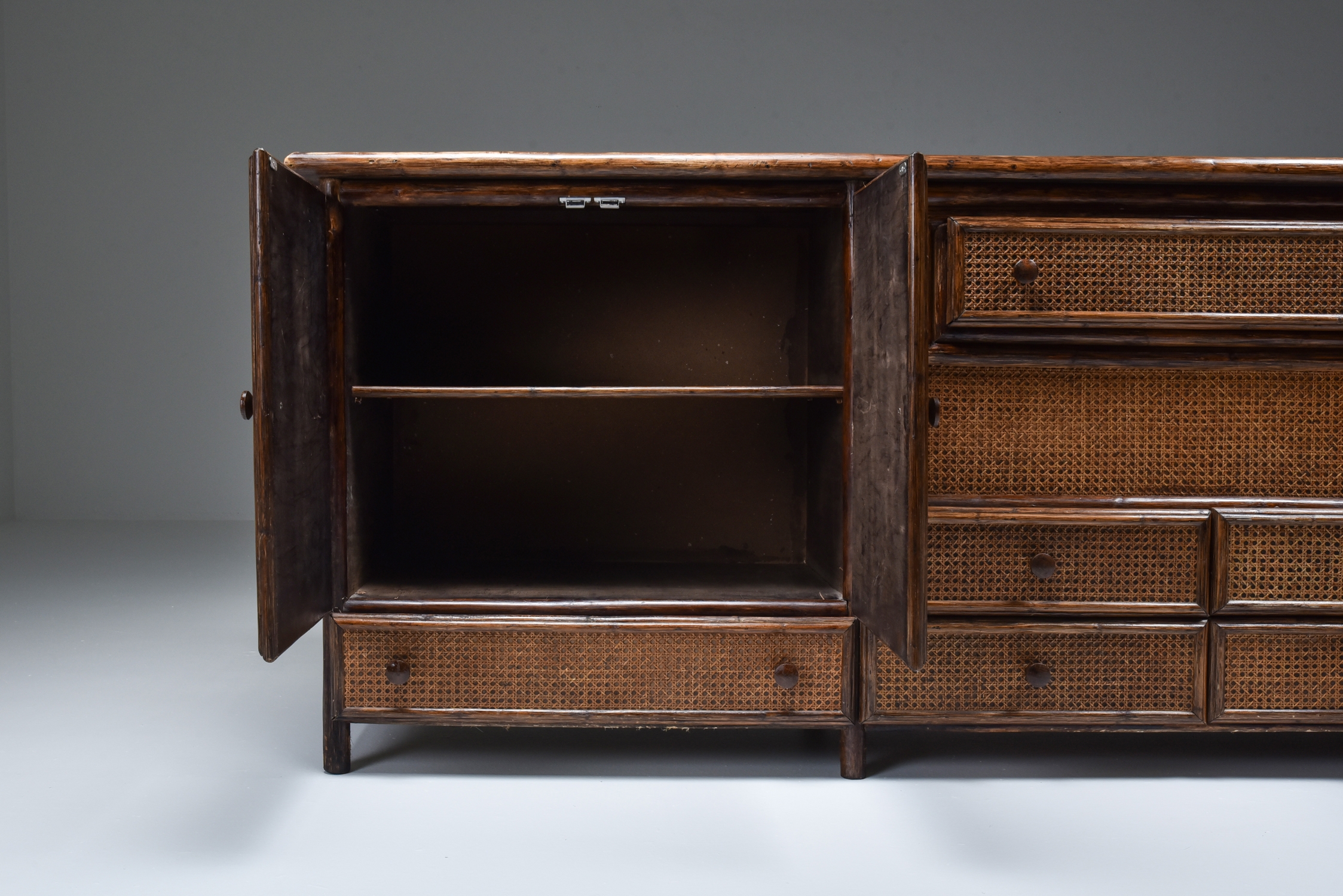 Bamboo & Cane Credenza with Multiple Drawers, Italy - 1970's