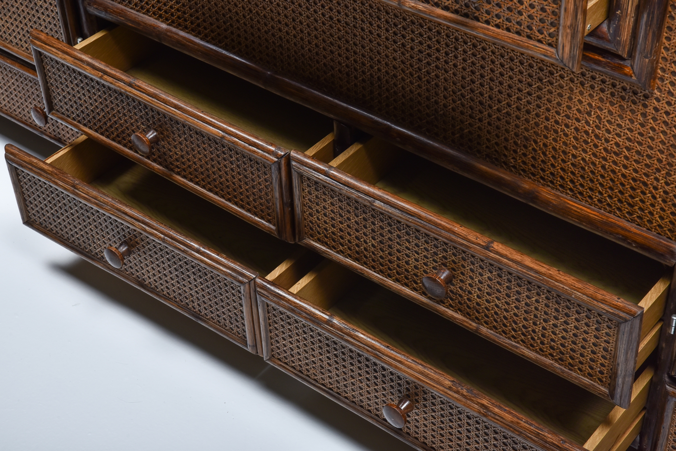 Bamboo & Cane Credenza with Multiple Drawers, Italy - 1970's