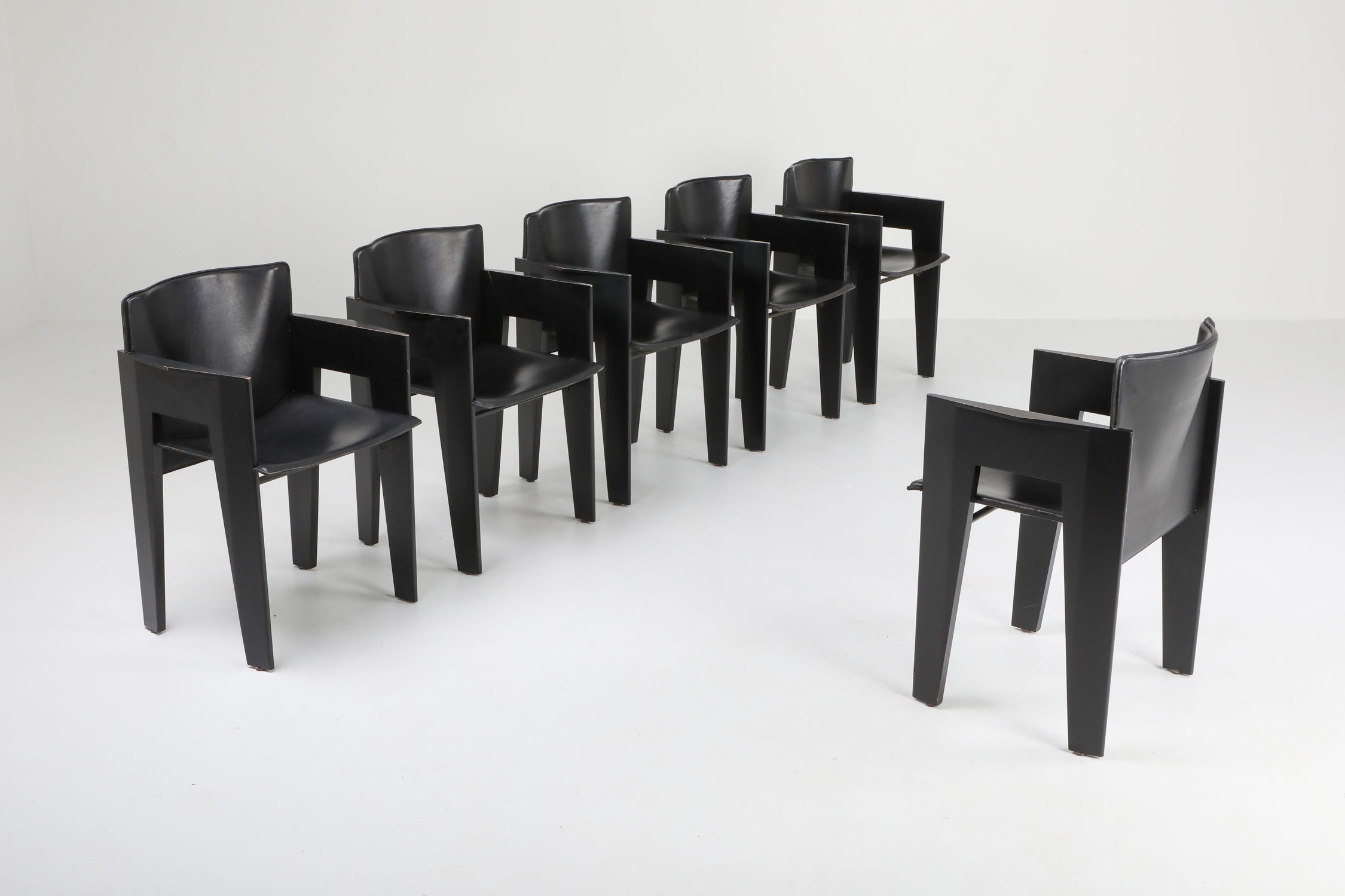 Black Oak and Leather Arco Dining Chairs - 1980s